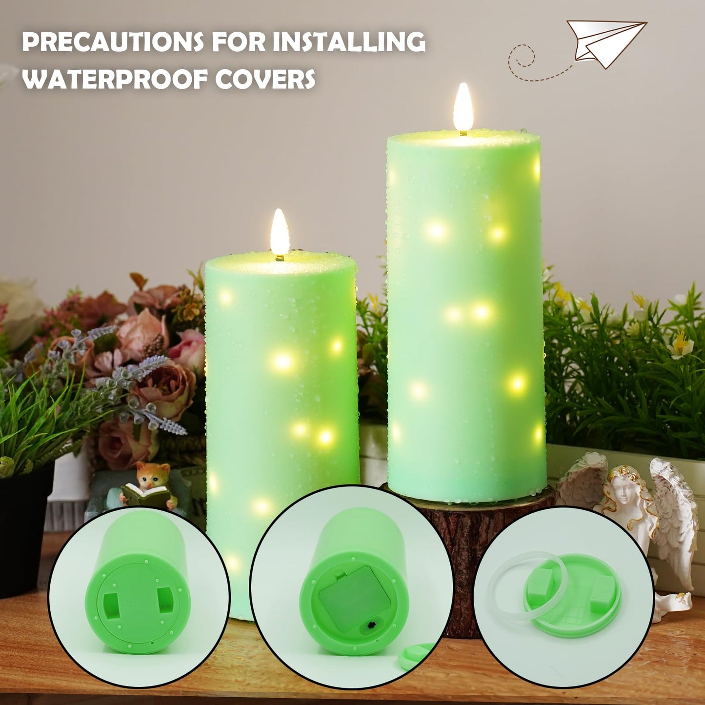 kakoya 10" x 4" Large Outdoor Waterproof Flickering Flameless Candles with Timer,2Pcs Battery Operated LED Pillar Candles with Embedded Star String for Outdoor Lanterns,Porch,Patio Decor(Green)