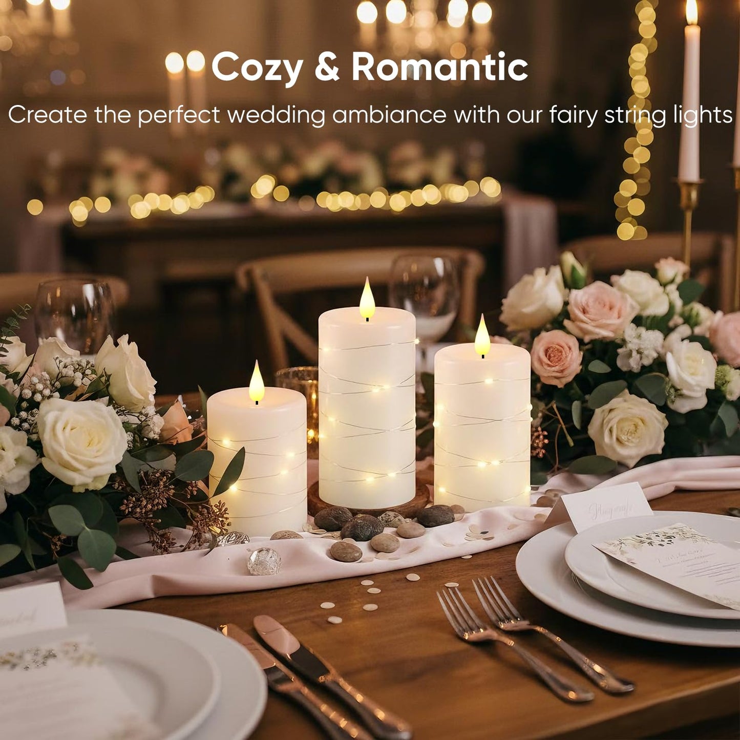 Amagic Flameless Candles with Embedded String Lights, 11-Key Remote & Timer, 3D Wick Real Wax Battery Operated Flickering Led Pillar Candles for Home, Lantern Decor, Set of 2, White