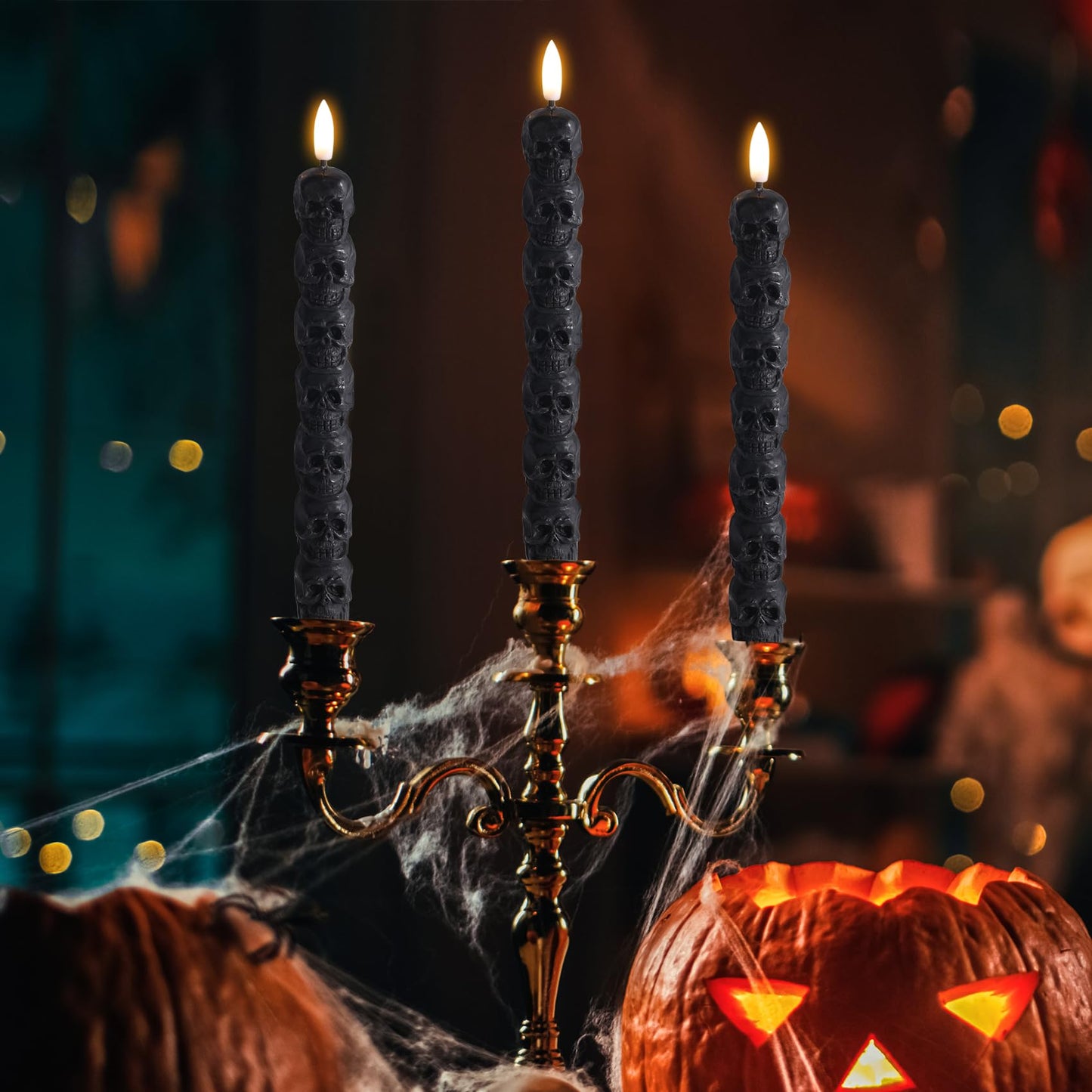 Eywamage Halloween Flameless Taper Candles with Remote, Spooky Black Skull LED Candlesticks Battery Operated Flickering Real Wax Set of 4