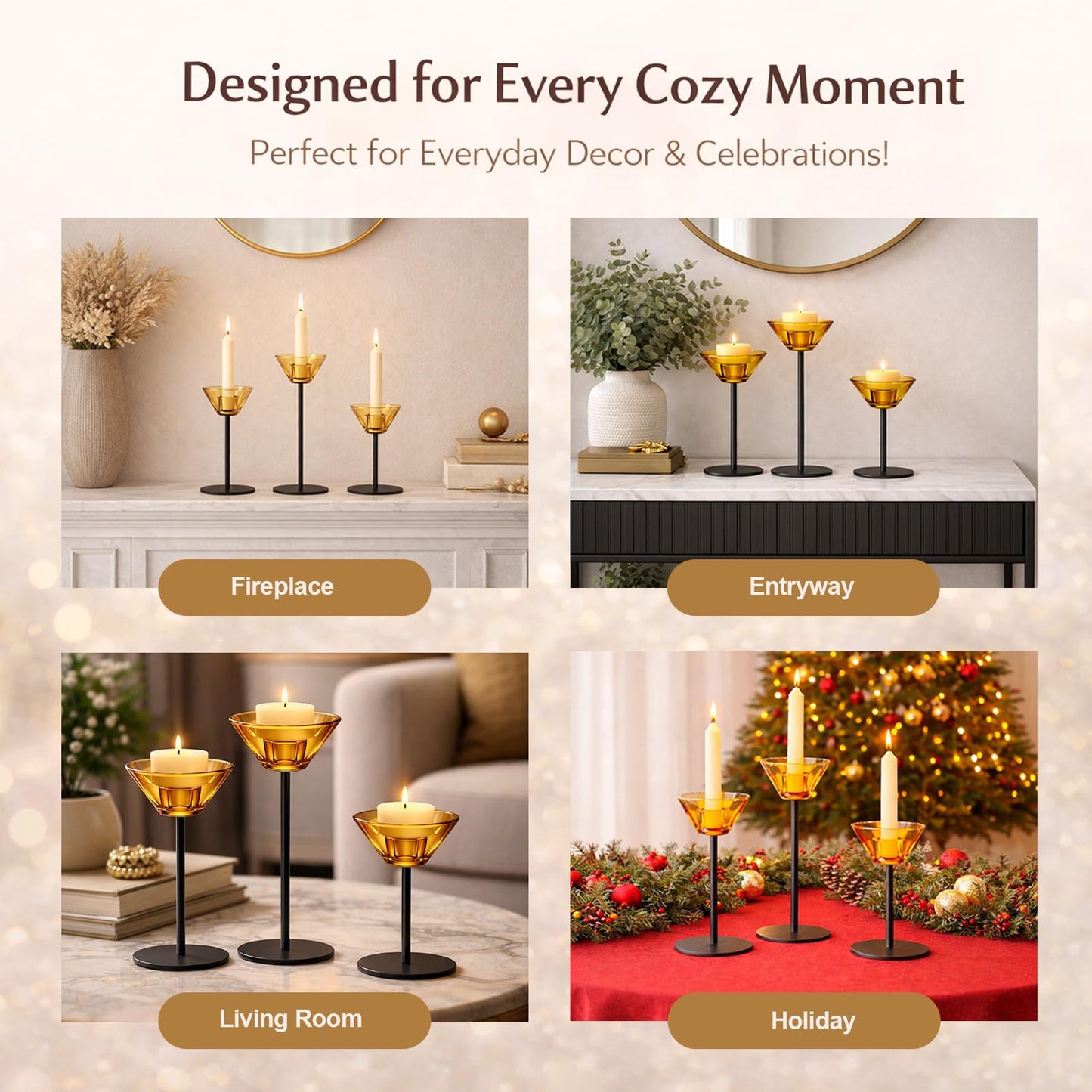 Smytle Amber‑Gold Glass Candlestick Holders with Weighted Black Metal Base, Set of 3 Amber Candle Holders for Both Taper and Tea Light Candles, Boho & Autumn Table Decor, Wedding Centerpiece