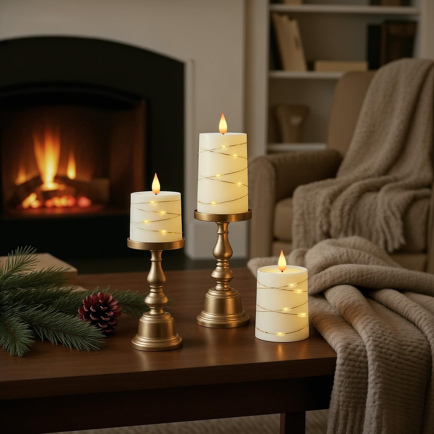 Raycare Flameless Candles with Remote Timer, Flickering Battery Operated LED Pillar Fake Candle with String Lights for Home Decor, Christmas, Wedding and Gift, Ivory, Set of 3