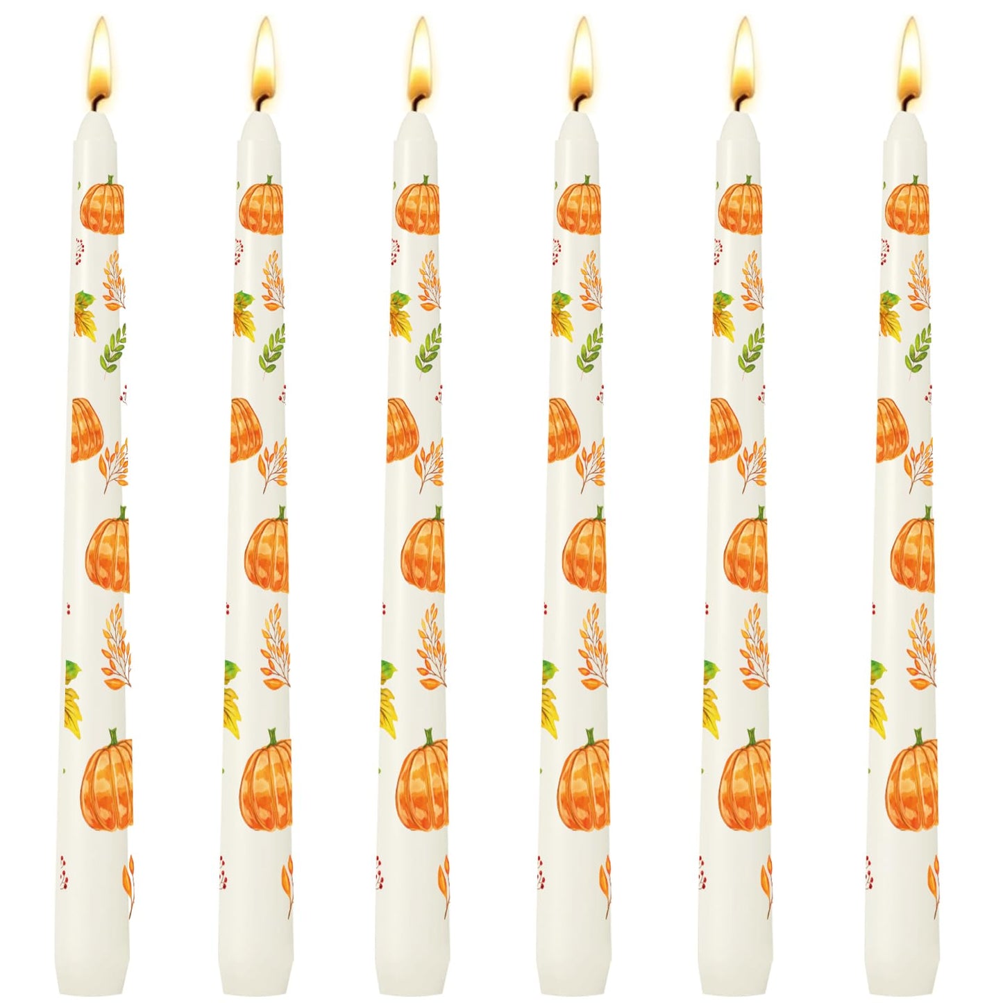 6 Pack Printed Taper Candle Set for Fall Home Decoration, 10 Inch Ivory Candlesticks with Pumpkin and Green Leaves Pattern for Dinner Holiday Seasonal Celebration, Dripless and Smokeless Candle