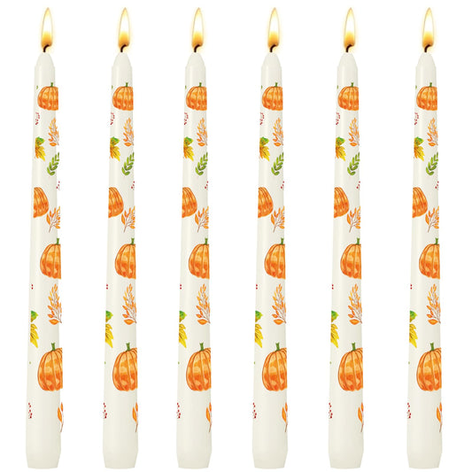 6 Pack Printed Taper Candle Set for Fall Home Decoration, 10 Inch Ivory Candlesticks with Pumpkin and Green Leaves Pattern for Dinner Holiday Seasonal Celebration, Dripless and Smokeless Candle
