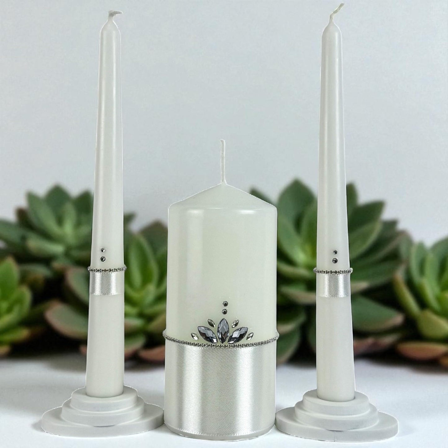 Magik Life Unity Candle Set - Wedding Ceremony & Reception Candle – 6” Pillar & Two 10” Taper Candles – Long Burning Unity Candles for Marriage Ritual – Handmade in USA –White |Classic|Crown