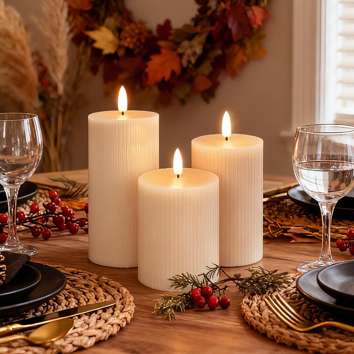 NICE POINT Rechargeable Flameless LED Pillar Candles–Luminous Real Wax Indoor Home Decor–Set of 3, Realistic Flickering LED Flame,Remote & Timer(Light Khaki)