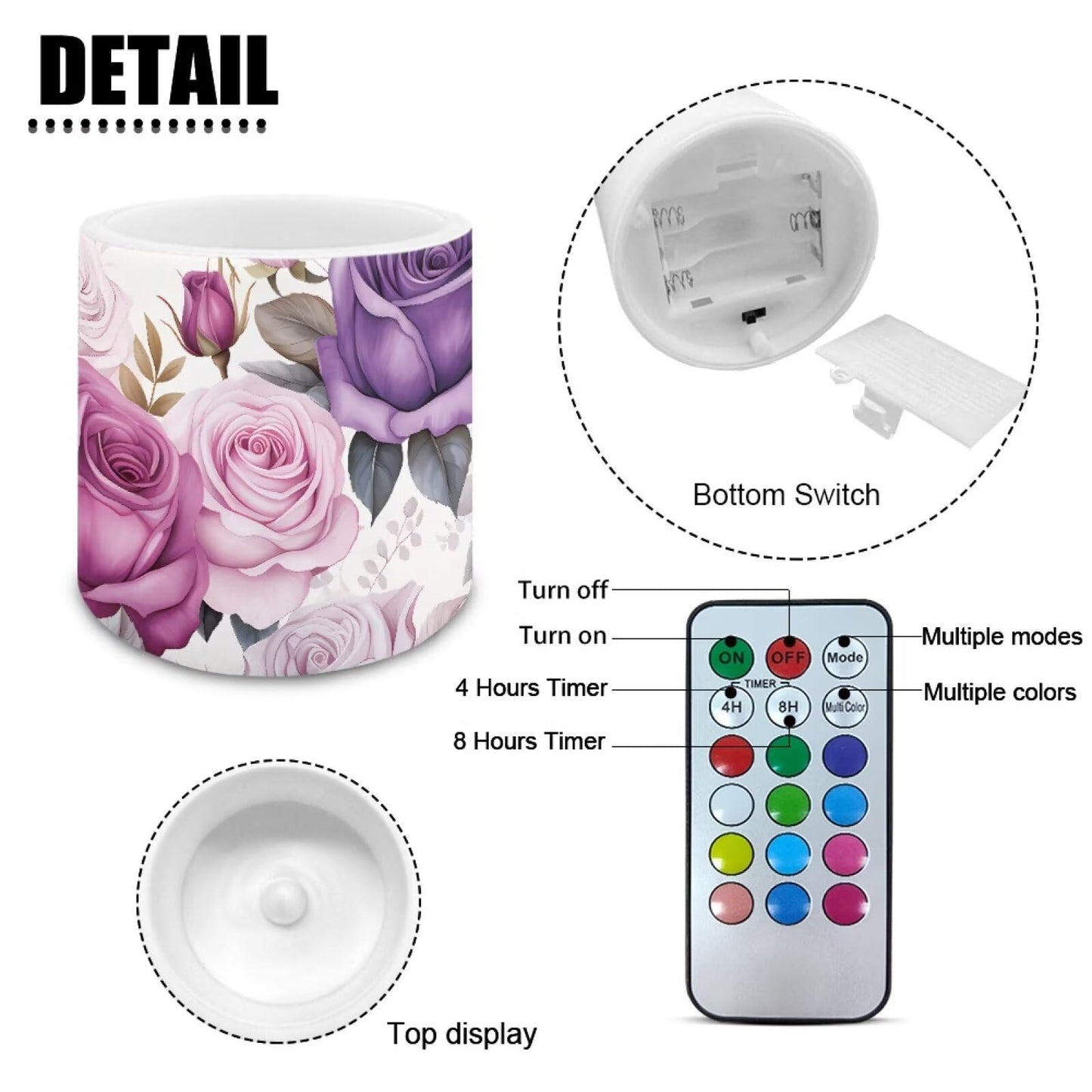 NETILGEN 4 Pieces Flameless LED Pillar Candles with Battery Operated Color Changing Flameless Candles with Timer Remote Purple Rose Flower Wedding Party Decor
