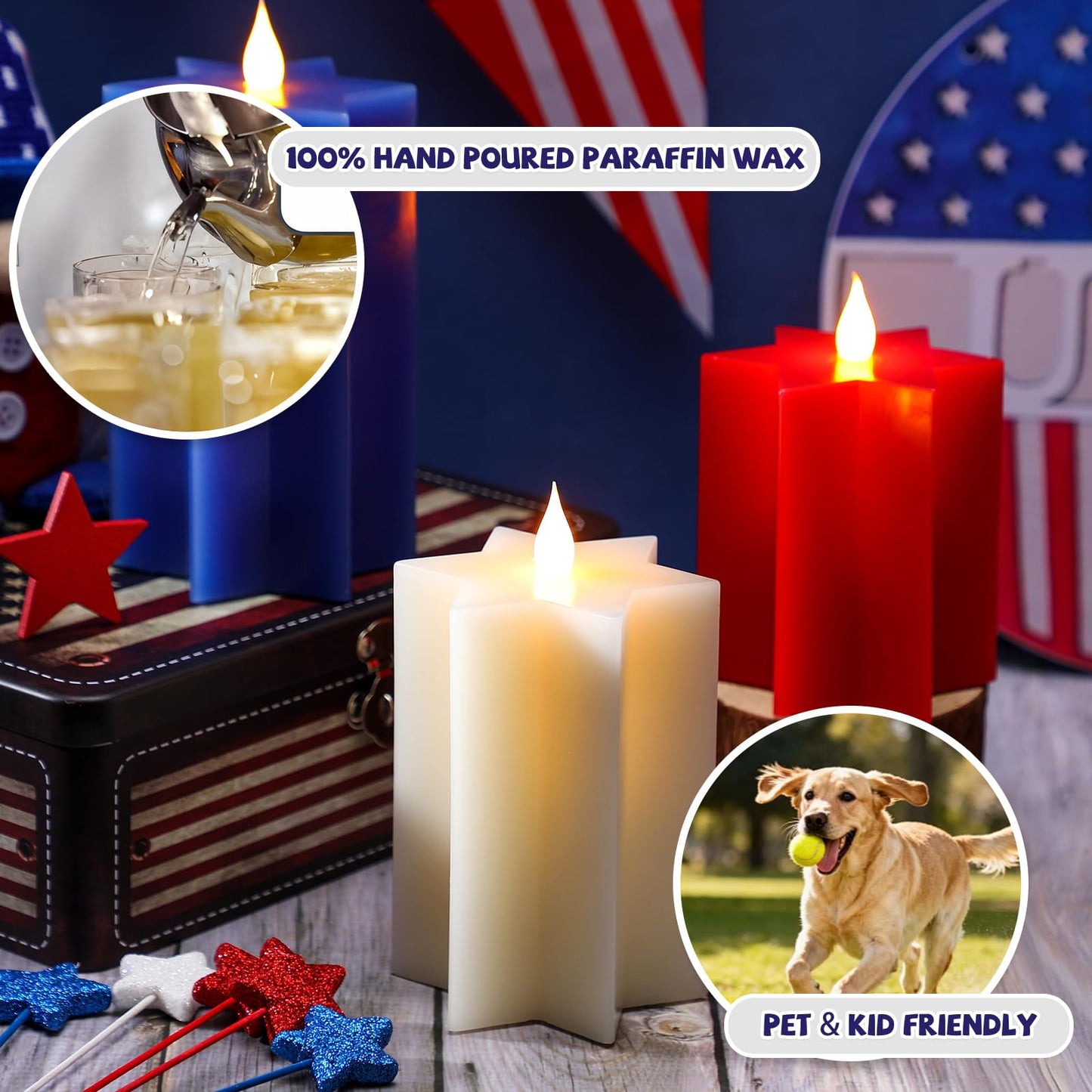 LCZLUMIPRO 3 Pack Star Shaped 4th of July Flameless Candles, Red White and Blue Patriotic Battery Operated LED Candles, Decorative Pillar Candles for Independence Day Home Party Decor