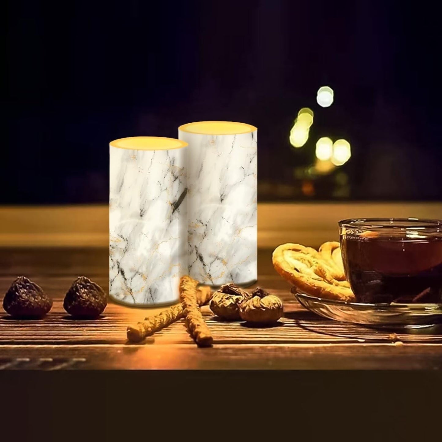 NETILGEN Flameless Candles LED Candles Electric Pillar Candles with Remote Timer Control Long Lasting for Indoor Outdoor Table Centerpiece Home Decoration Set of 2, White Grey Marble