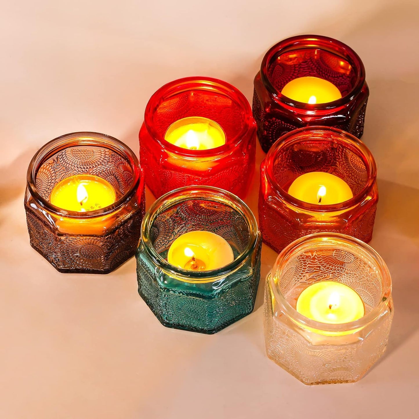 Set of 6 Glass Tea Light Candle Holders with Lid Colored Tea Lights Candles Holders Table Centerpieces for Wedding Party, Glass Votive Candle Holders Wedding Centerpieces
