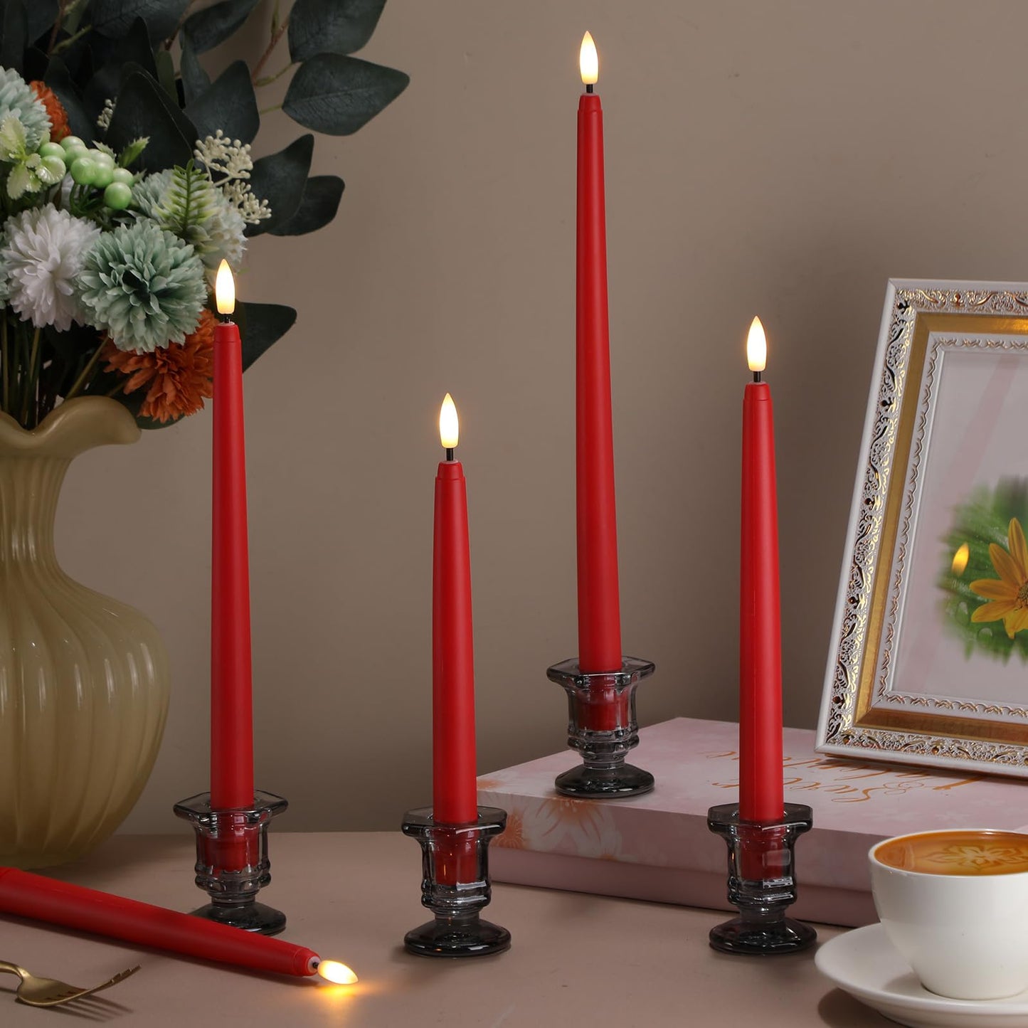 Rossesay 64 Pcs Wedding Flameless LED Taper Candles Battery Operated Candles 4 Sizes of 8.5'', 9.65'', 10.83'', 12.8'' Candlesticks Flickering for Halloween Christmas Church Wedding(Red)