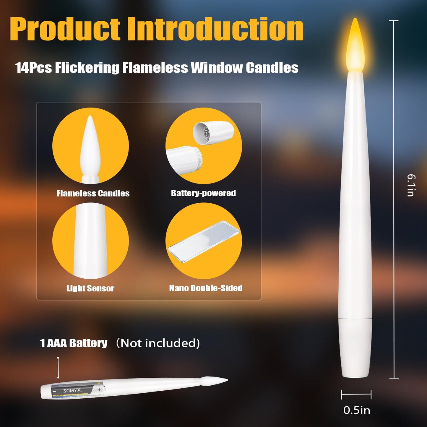 6.1" x 0.5" Window Candles with Sensor Dusk to Dawn, 14 Pcs Ivory Flameless Taper Candle with Dimmer Battery Operated with Nano Adhesive lasts up to 200+ Hours for XMas, Halloween Decor and Holiday