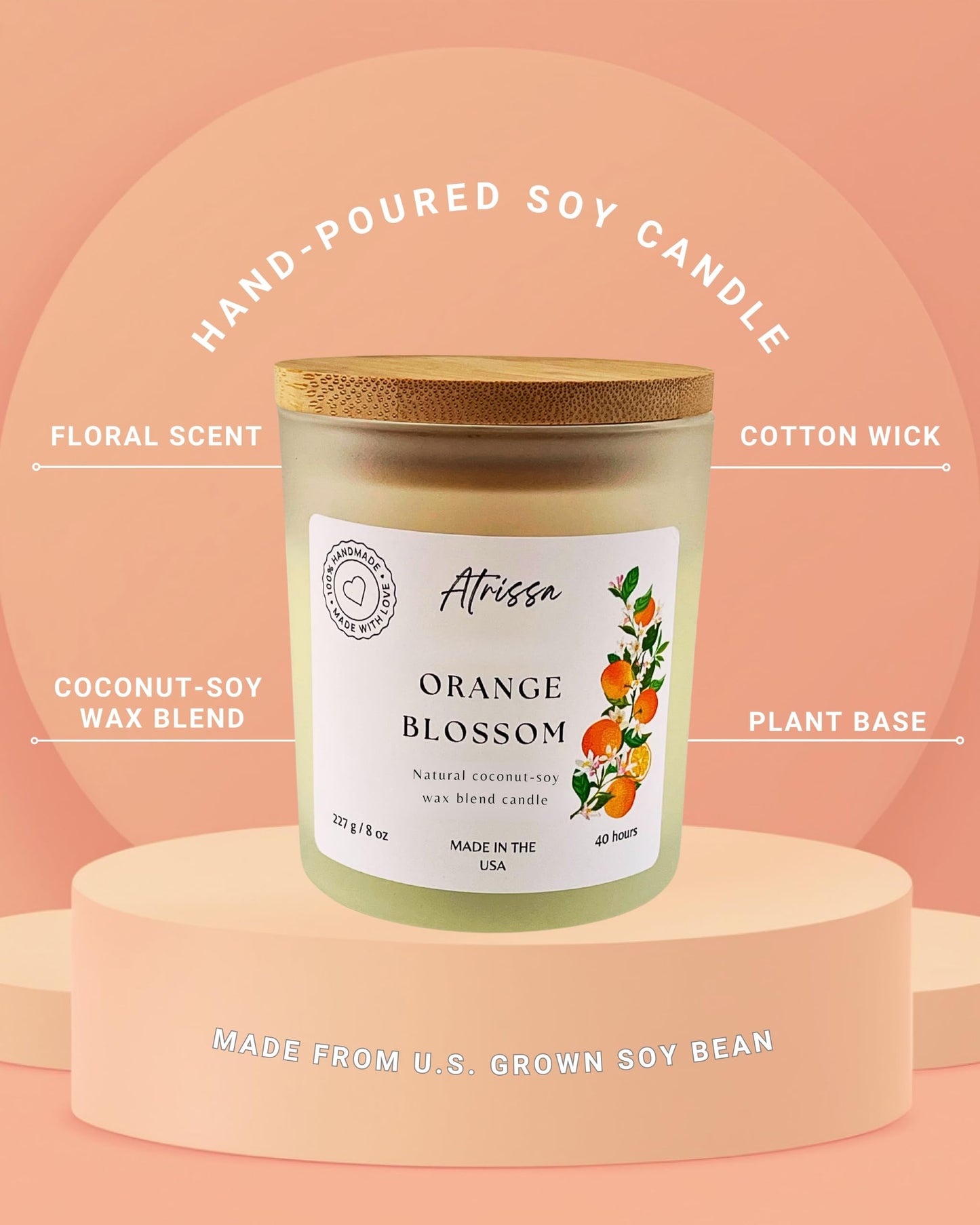 ATRISSA Orange Blossom 8 OZ, Bright, Citrus Floral Scent, Hand Poured Soy Wax Candle – Clean-Burning, Fresh, Uplifting Floral Citrus Blend Candle for Home (8 Oz, Orange Blossom)