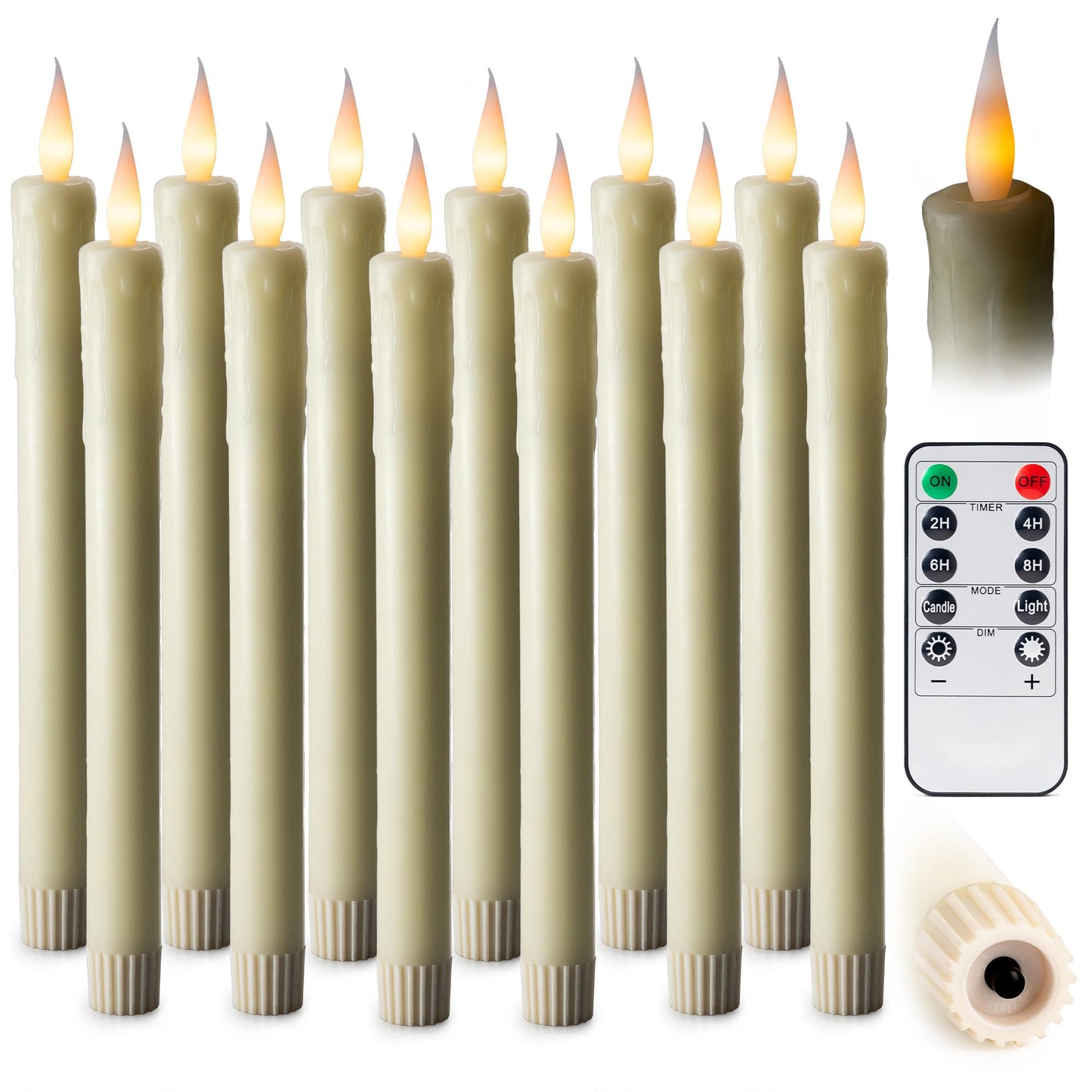 WYZworks 24 Pack, 10" LED Flameless Ivory Real Wax Drip Taper Pillar Candles w/Remote Controller, On/Off Button, Dimmable, Flicker/Static Mode, Battery Operated, Christmas Menorah Home Wedding Décor