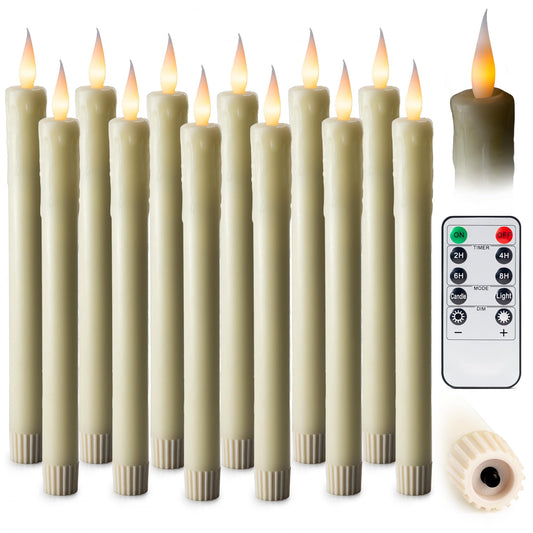 WYZworks 24 Pack, 10" LED Flameless Ivory Real Wax Drip Taper Pillar Candles w/Remote Controller, On/Off Button, Dimmable, Flicker/Static Mode, Battery Operated, Christmas Menorah Home Wedding Décor