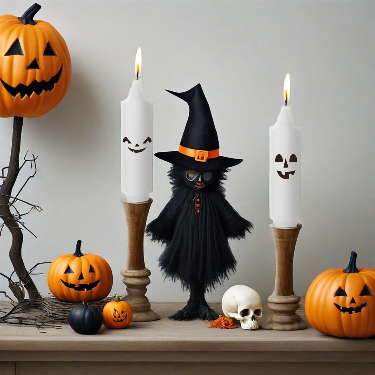 Spooky Taper Candles Halloween Candlesticks - 5 Inch White Candle Sticks Dripless Fat Candles with Eyes - Fall Table Centerpiece Haunted House Party Decorations Wedding Home Decor