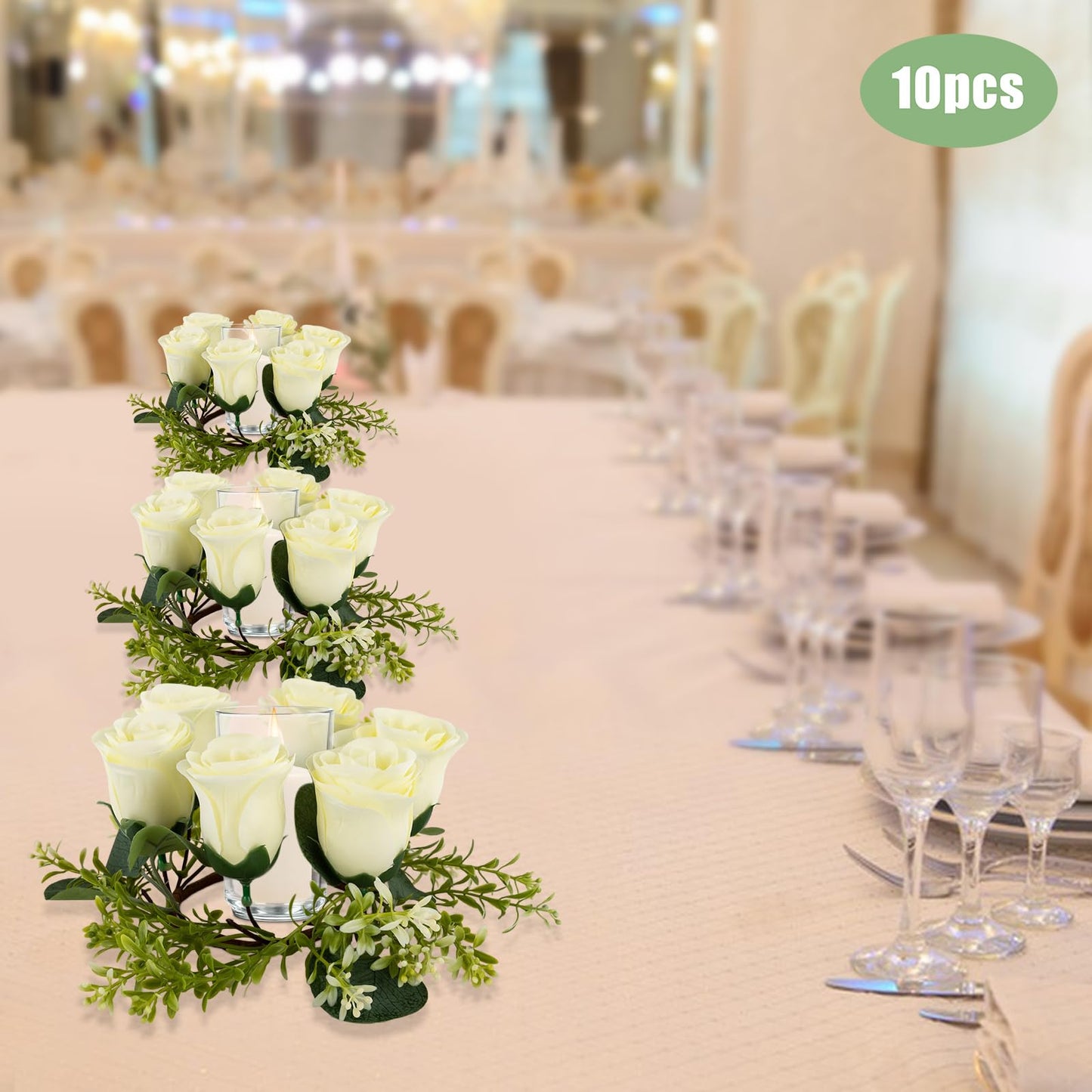 Candle Rings Wreath Centerpieces 10Pcs Cream Rose Candle Floral Wreaths 8.27In Artificial Flowers Rings Wedding Party Decor (Cream, Green)