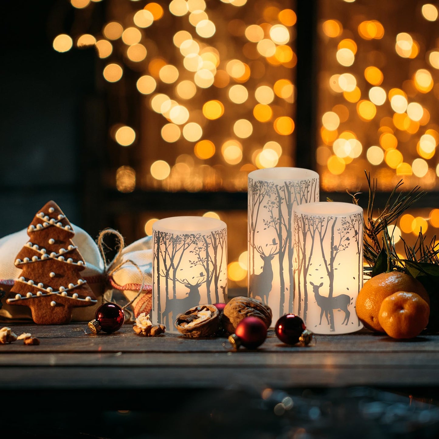 DRomance Silver Deer Flameless Flickering Candles Battery Operated with 6H Timer, 3 Pack Real Wax Warm Light LED Pillar Candles Dinner Tabletop Holiday Centerpiece Decor 3" x 6"