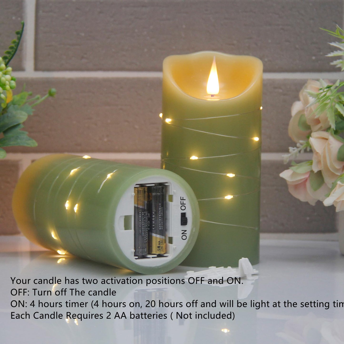 CFDECOR Flameless Candle with Timer,Battery Operated Flickering Led Candles with Remote,Realistic 3D Moving Flame Pillar Candles,Scalloped Edge,Real Wax Candles Set of 2 for Holiday,Home Decor(Green)