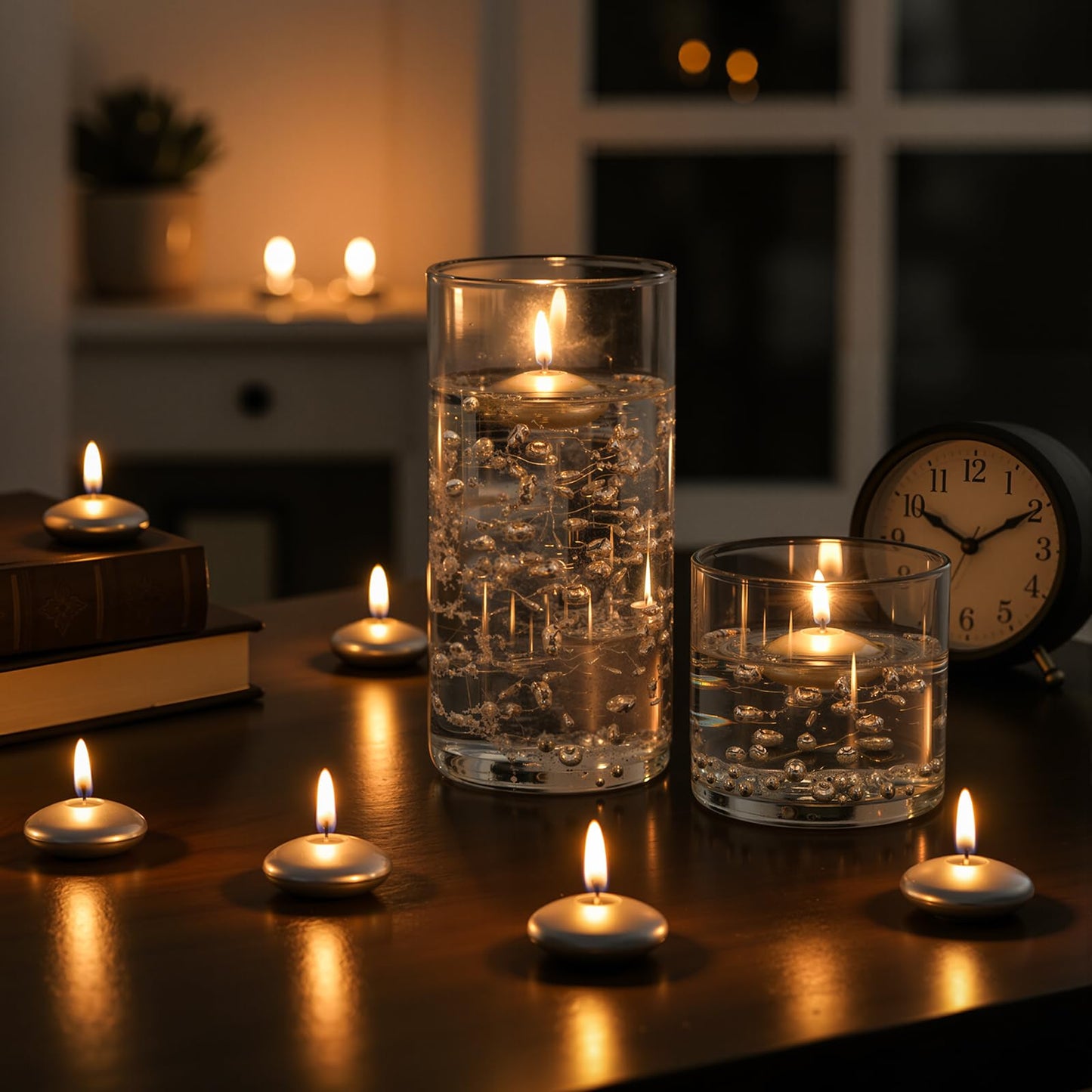 Fumete 40 Pcs Silver Wedding Floating Candles with Pearl Strings, Small Unscented Floating Candles for Centerpieces, Anniversary, Romantic Dinner, Engagement, Spa Bathroom, Home Decoration
