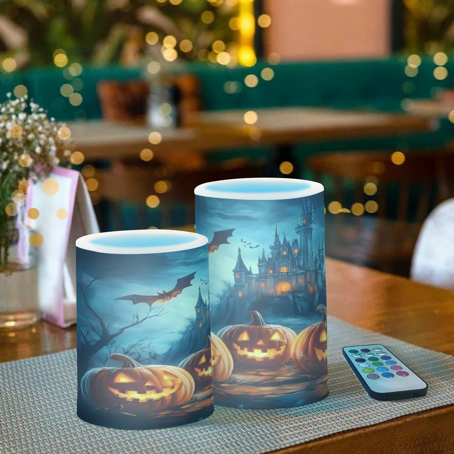 ALAZA Halloween Pumpkins Castle Flying Bat Flickering Flameless Candles Battery Operated with Remote Timer,Tea Light Candles LED Pillar Votive Candles Set of 2 for Outdoor Indoor Decorations