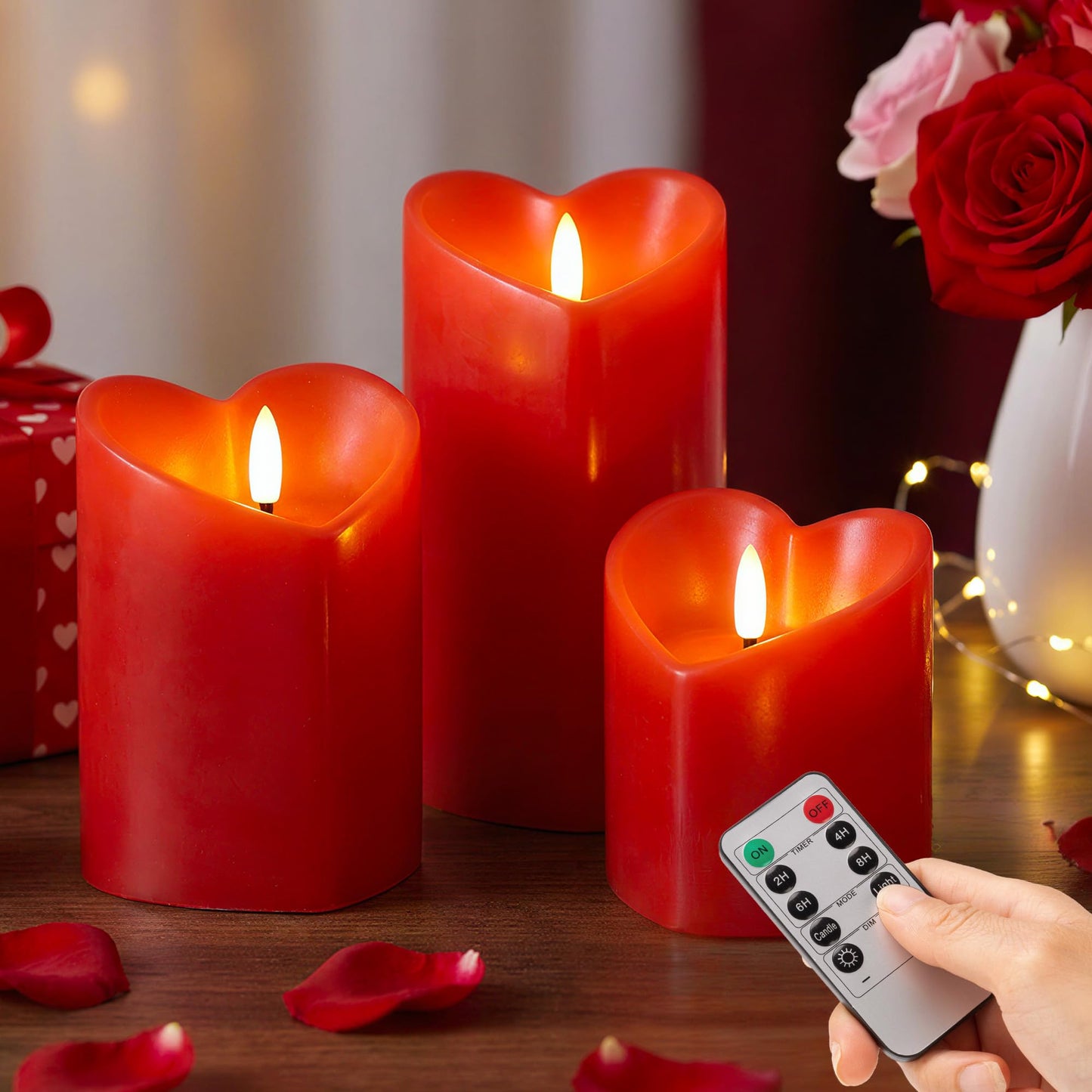AFINETH Valentines Day Flameless Candles with Remote, Heart Shaped Candles Battery Operated 3 Pack Red LED Pillar Candles for Wedding Proposal Anniversary Romantic Night