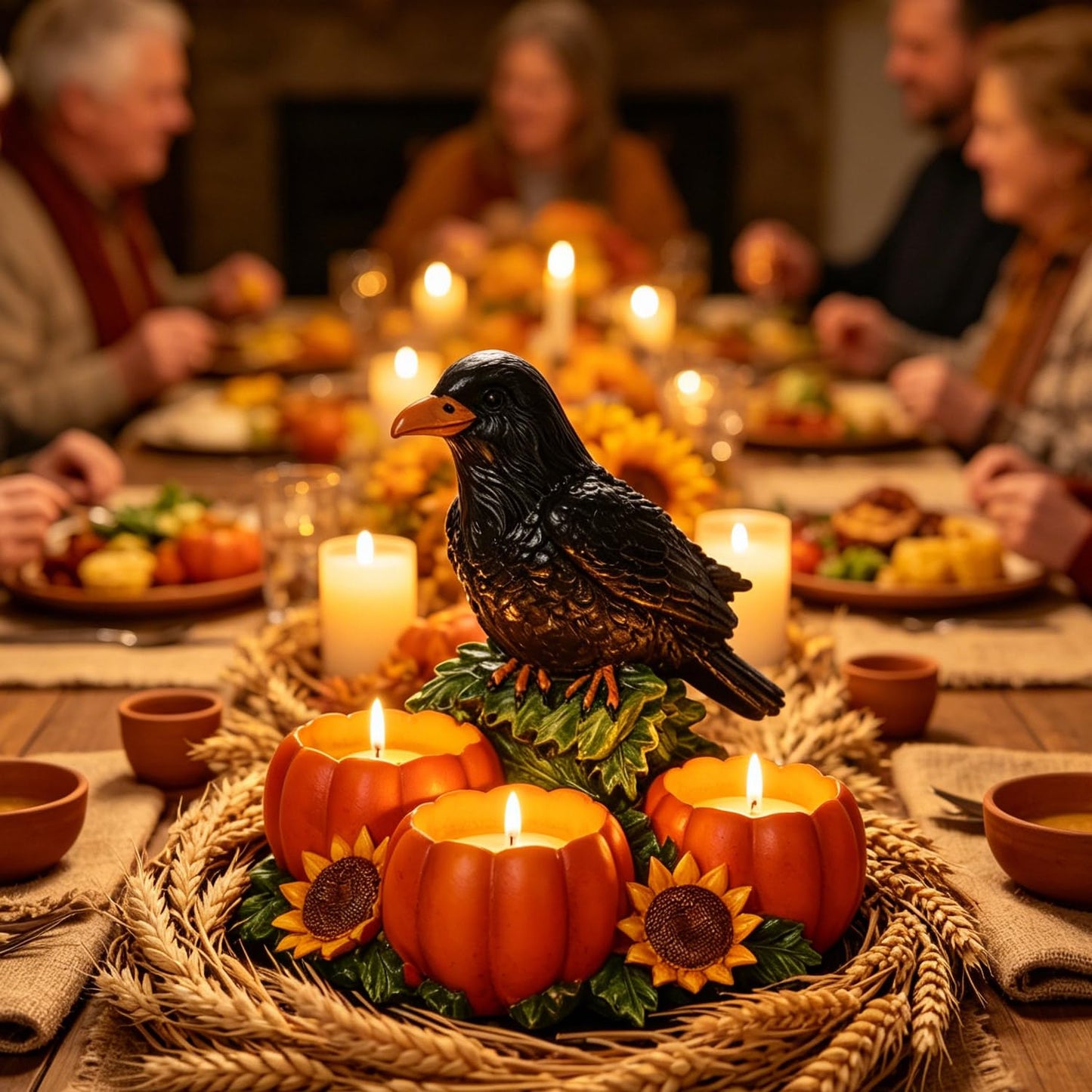 Halloween Raven Candle Holder Resin Black Crow Figurine with 3 Pumpkin Tealight Holders & Sunflower, Halloween Table Decorations for Fall Harvest Centerpiece and Thanksgiving