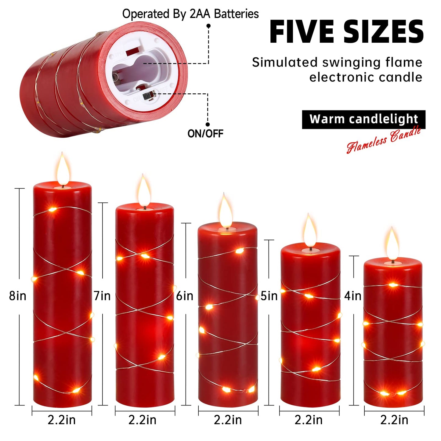 Kiexung Red Flameless Candle Fairy String Light, Water Drop Flame, Advanced LED Flame Simulation with Remote and Timed Candles, 5-Cell Battery Powered，Christmas Candle