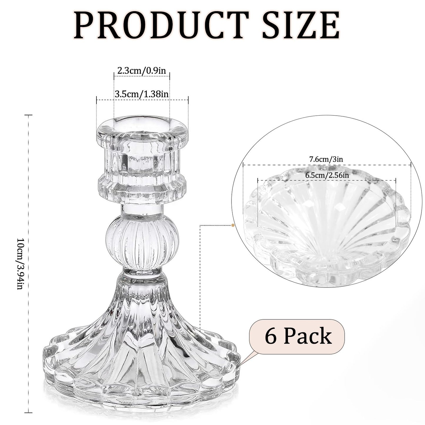 6 Pack Glass Taper Candlestick Holders, Clear Candlestick Holders, 4" H Stripe Crystal Candle Holders Decorative Candle Stand Centerpiece for Wedding, Festival, Dinning Party Table Decor