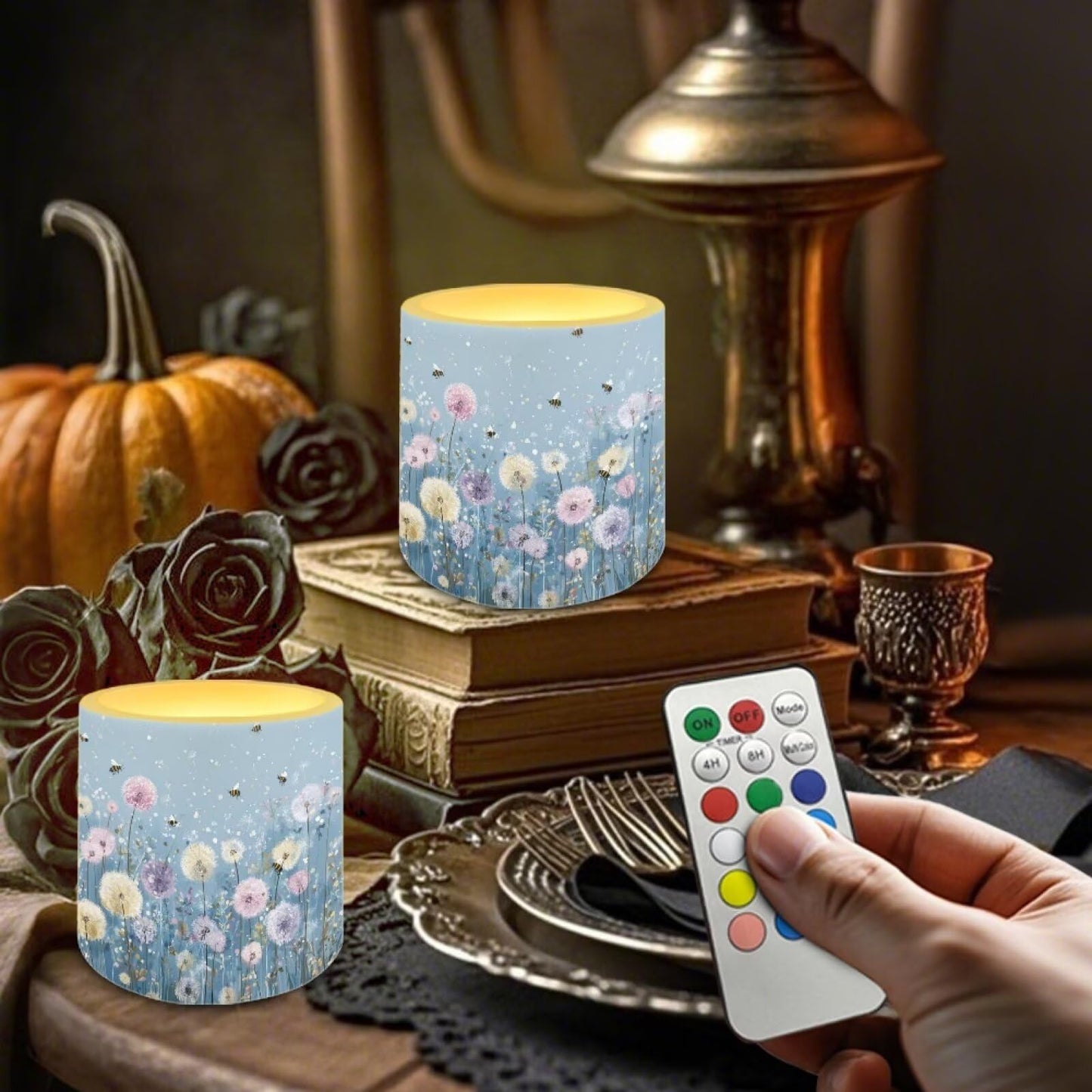 Merkmak Wild Flower Battery Operated Flameless Candles with Remote and Timer Flameless LED Pillar Candles for Camping, Banquet, Party, Home Decoration Tealights