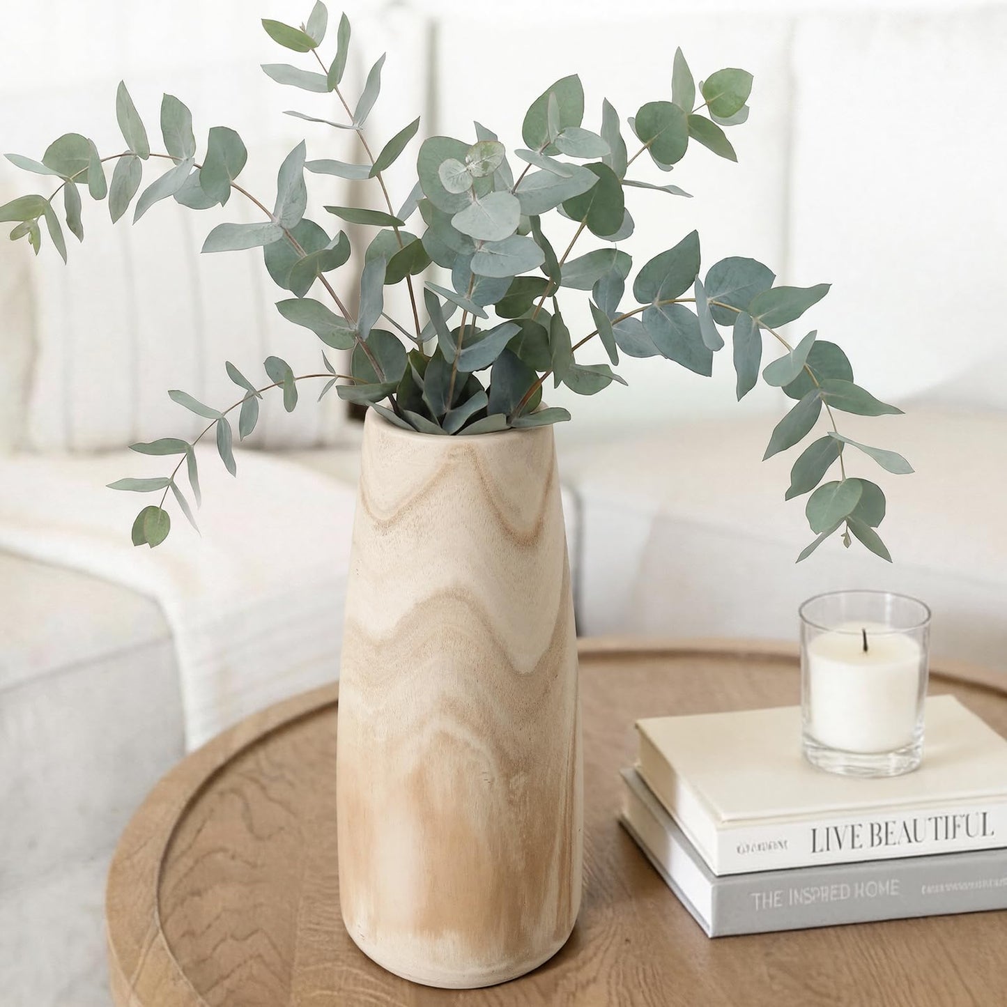 Natural Wood Vase for Dried Flowers - 12 Inch Decorative Wooden Vase, Warm Neutral Farmhouse Boho Decor for Living Room Bedroom Table Shelf