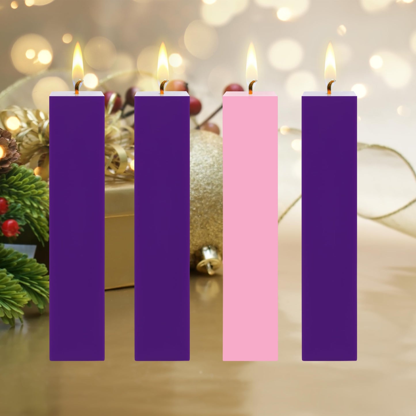 Mega Candles 4 pcs Unscented Christmas Advent Candles Set, Hand Poured Premium Wax Square Pillar Candle 2 Inch x 9 Inch, Holidays, Occasions, Events, Festivitiess, Devotional, Church, Wreath, Gifts