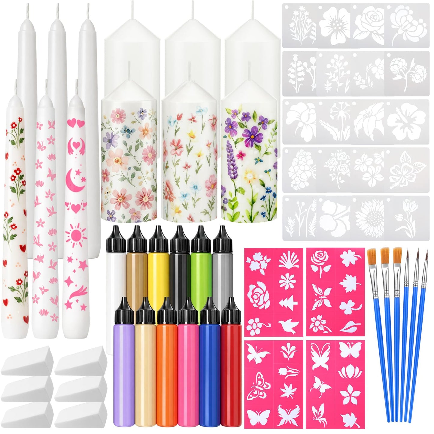 Treela 60 Pcs DIY Candle Painting Kit Include 6 White 6 White Tapered & 6 Pillar Candles 12 Candle Wax Pen 24 Floral Painting Stencils 6 Paint Brushes 6 Sponge Blocks for Craft Birthday Wedding Party