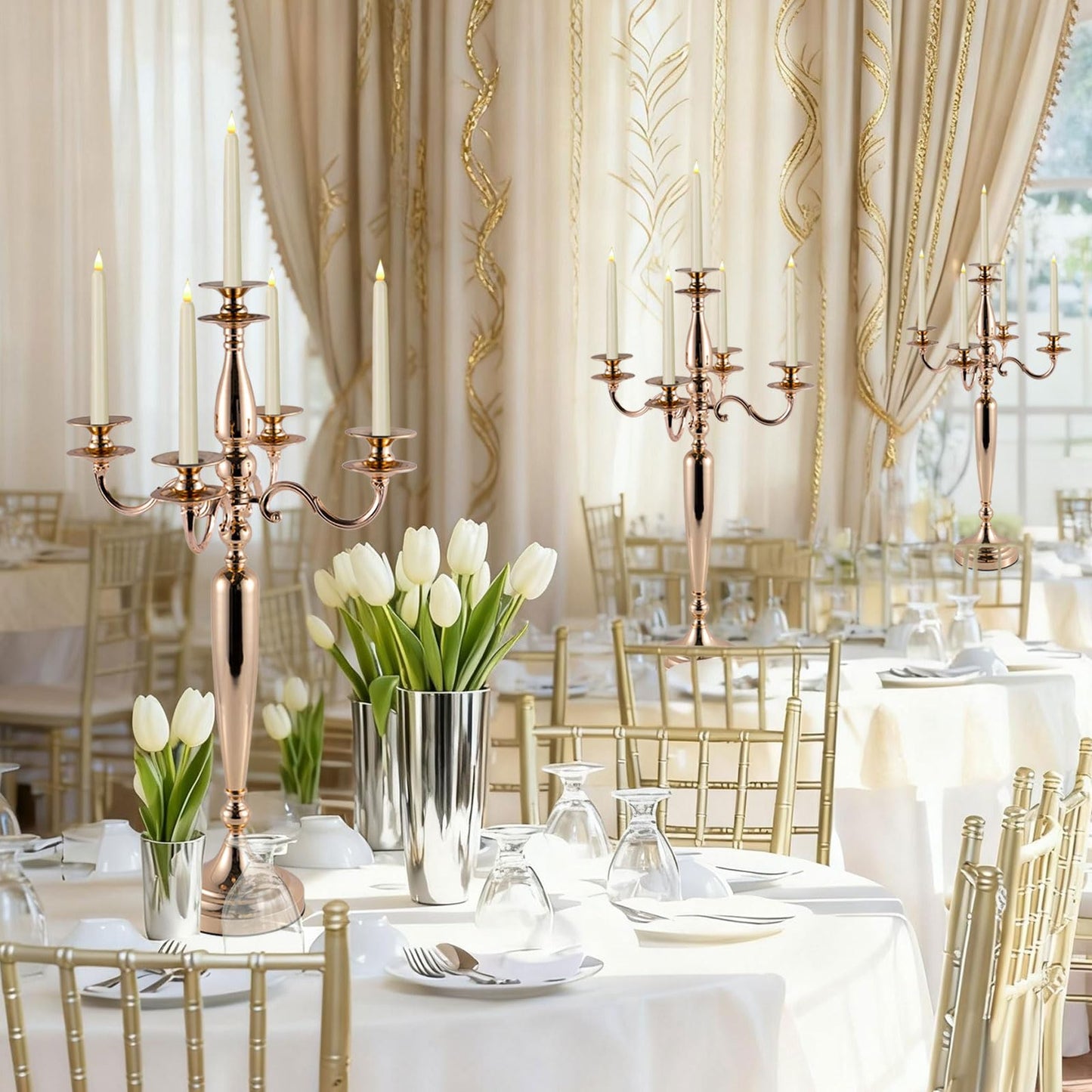 Vincidern 28'' Tall Gold 5 Arm Candelabra Centerpieces for Table, 4pcs Taper Candle Holder for Wedding Decoration, Party, Event, Christmas Candelabra