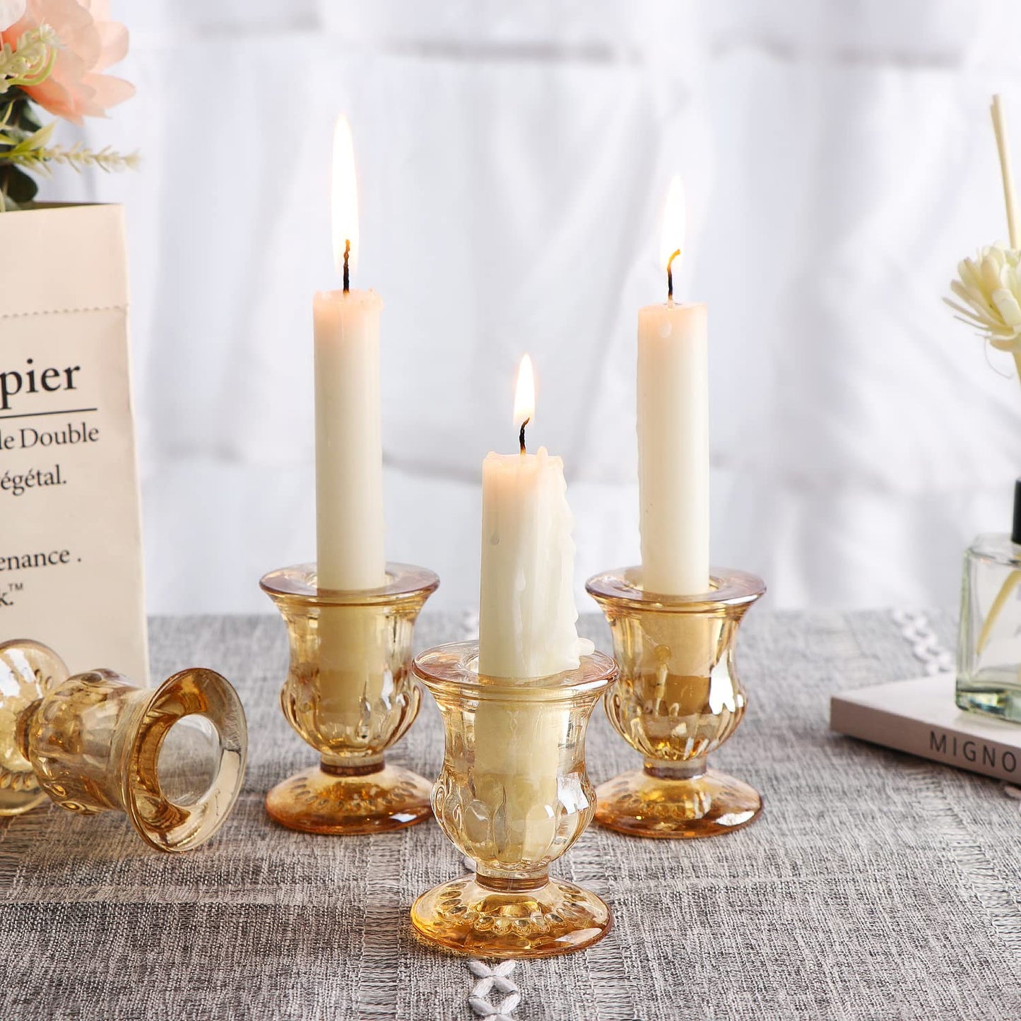 Letine Gold Candlestick Holders Set of 12-2.5" H Taper Candle Holders Bulk -Gold Glass Candle Holder for Valentine's Day, Christmas, Rustic Wedding Centerpieces, Party Decor