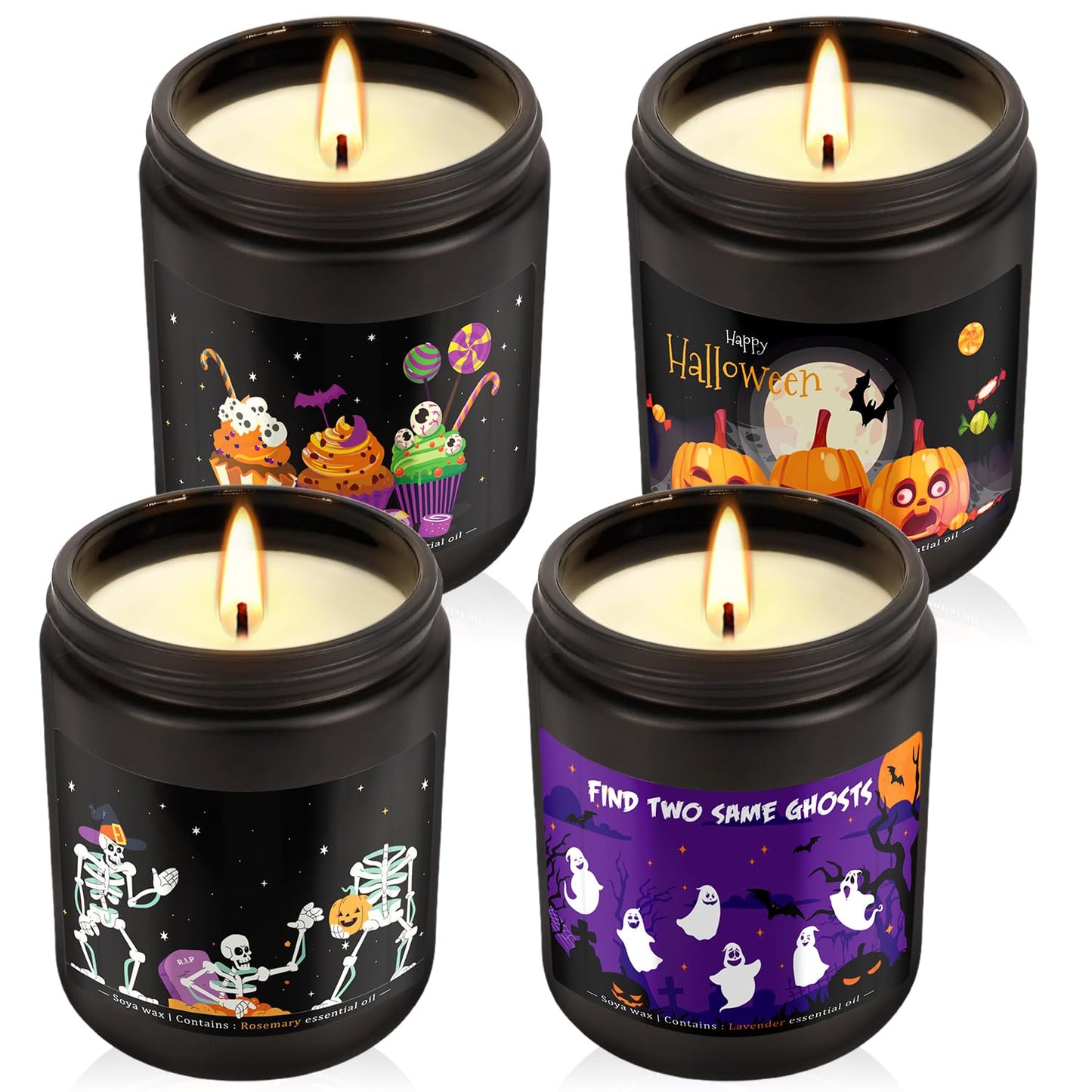 Grcdoyvl Halloween Scented Candles Set of 4 (7oz Each) – Spooky Aromatherapy Soy Wax Candles with Bat & Ghost Designs, Smokeless for All Saints' Day, Home Decor & Festive Gifts