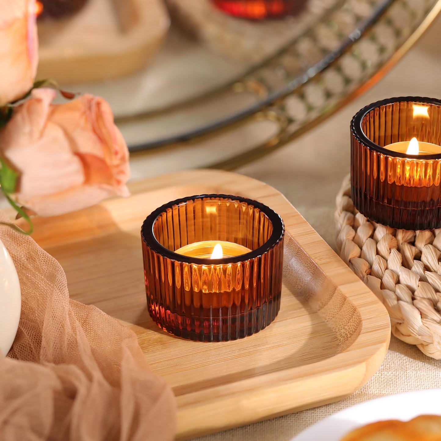 Lanttu Tealight Candle Holder Set of 12, Amber Small Votive Candle Holders for Table Centerpiece,Glass Tea Light Candles Holder for Party&Home,Wedding Decor