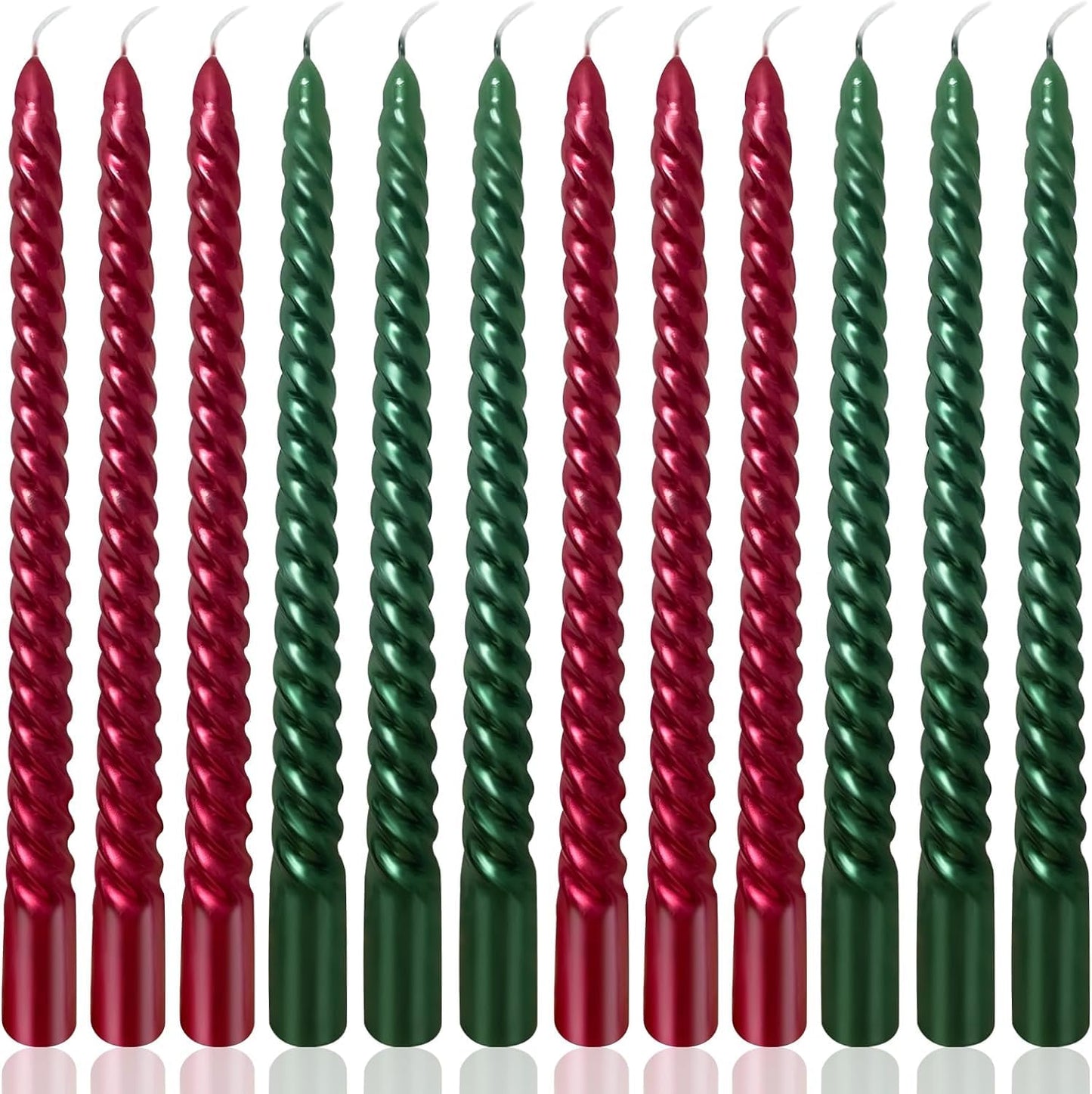 10 Inch Spiral Taper Candles Set for Christmas, 6 Green and 6 Burgundy Unscented Twisted Candlesticks, Dripelss Thin Tapered Candles for Holiday Party Decorations