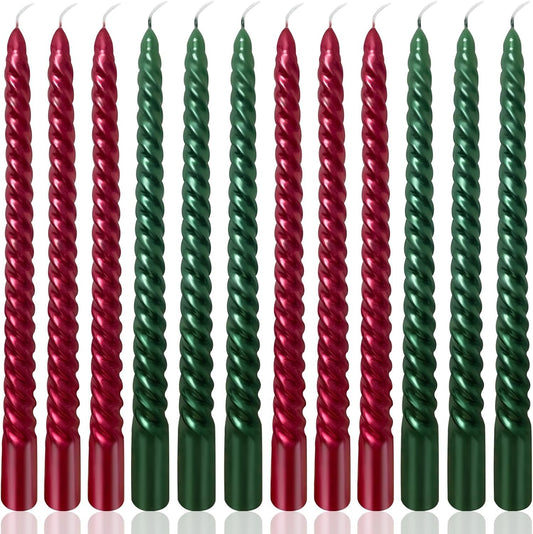 10 Inch Spiral Taper Candles Set for Christmas, 6 Green and 6 Burgundy Unscented Twisted Candlesticks, Dripelss Thin Tapered Candles for Holiday Party Decorations