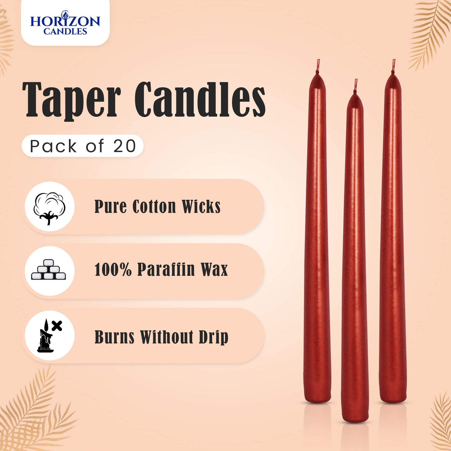 Horizon Unscented 10-Piece Taper Candle Set – 9 Hours Burning Time Smokeless & Dripless Candles for Centerpieces at Wedding, Holiday Dinners, Festive Parties and Home Decor - Metallic Red