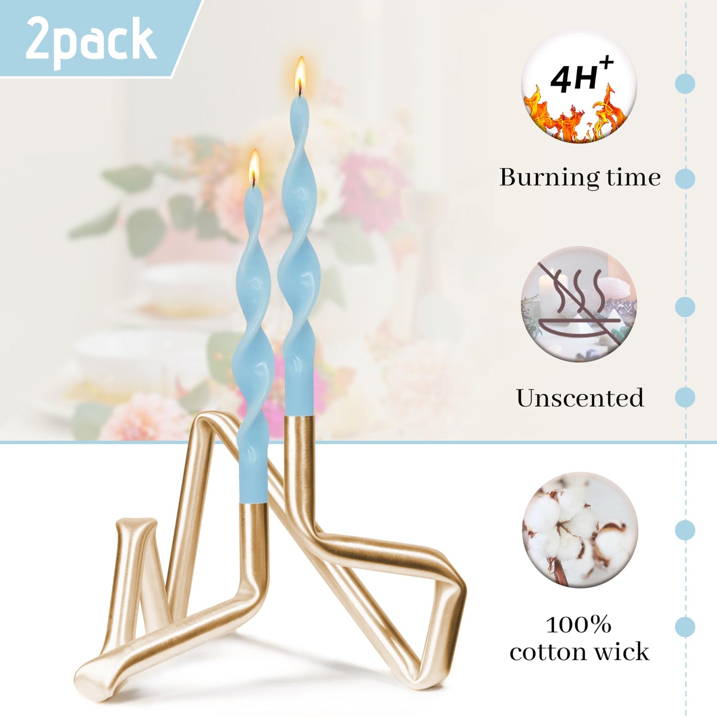 Smokeless Blue Spiral Taper Candle Handmade Unscented Candlesticks 10 Inch Long Twisted Candles for Candlelight Dinner Holidays Home Decor 2 Pcs