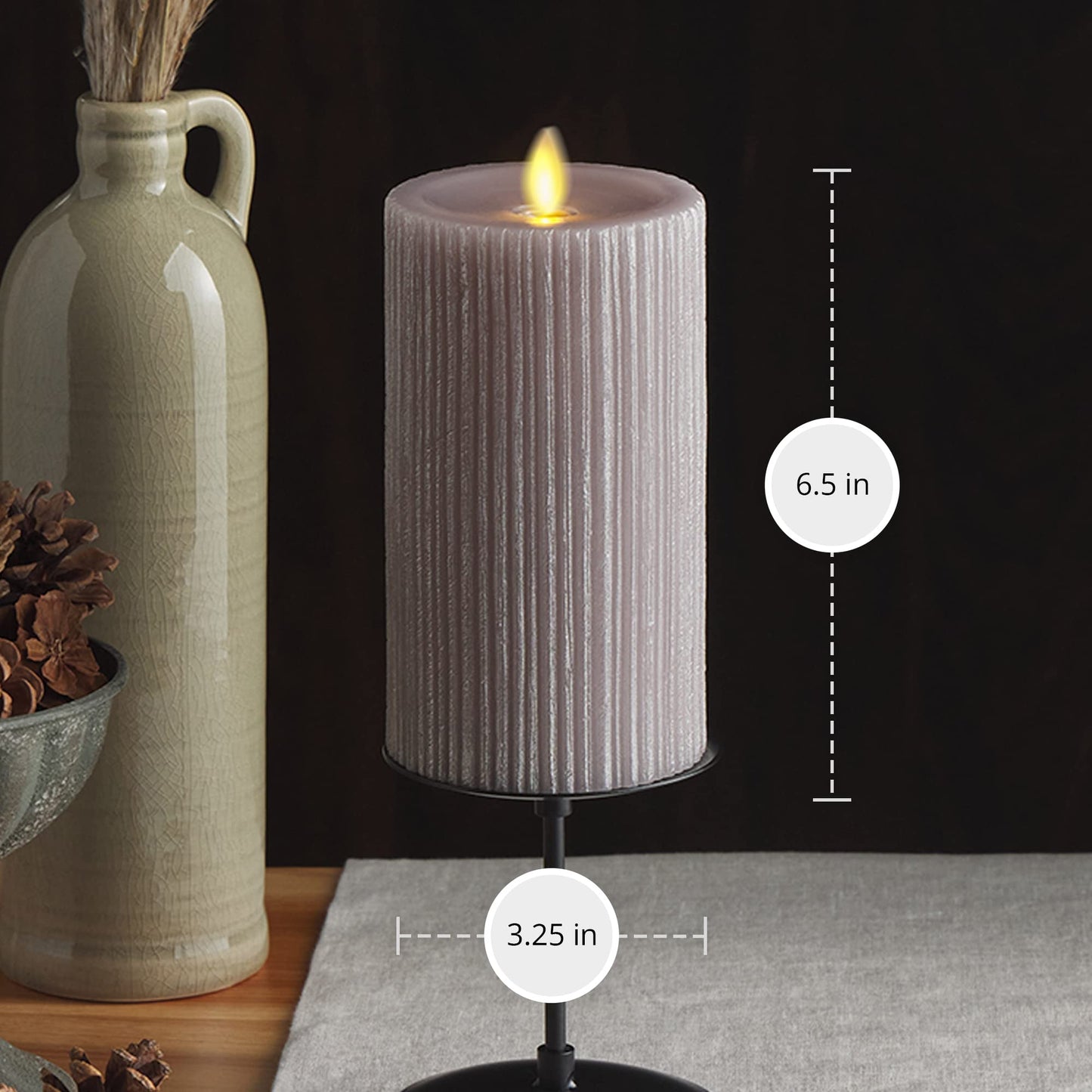 Luminara Metallic Embossed Pillar, Grey Flameless LED Candle 3.25" x 6.5", Battery Operated Real Flame Technology w/Timer Function, Paraffin Wax