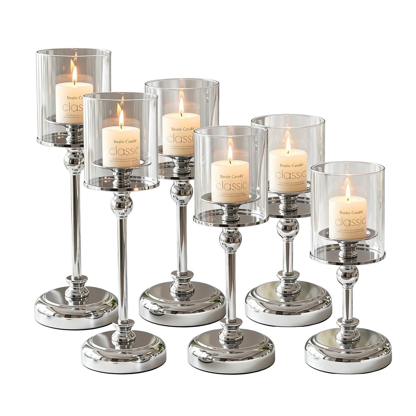 Oakernel Sliver Hurricane Candle Holders - Set of 6 Tall Candlestick Holders Windproof Taper Candle Holders, Metal Stand for Table Centerpiece Outdoor Indoor Wedding Party Holiday Decor