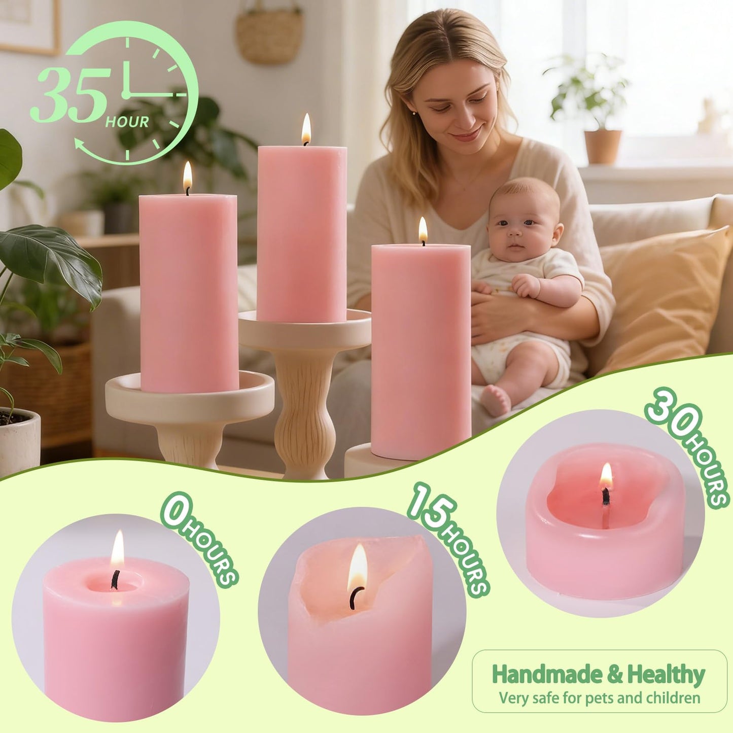 6 Pack Pink Soy Pillar Candles for Women Gift, Handmade Baby Shower Candles Unscented Pillar Candle, 210 Hours Natural Soybean Candle for Wedding, Home, Party, Smokeless & Dripless-2x4in