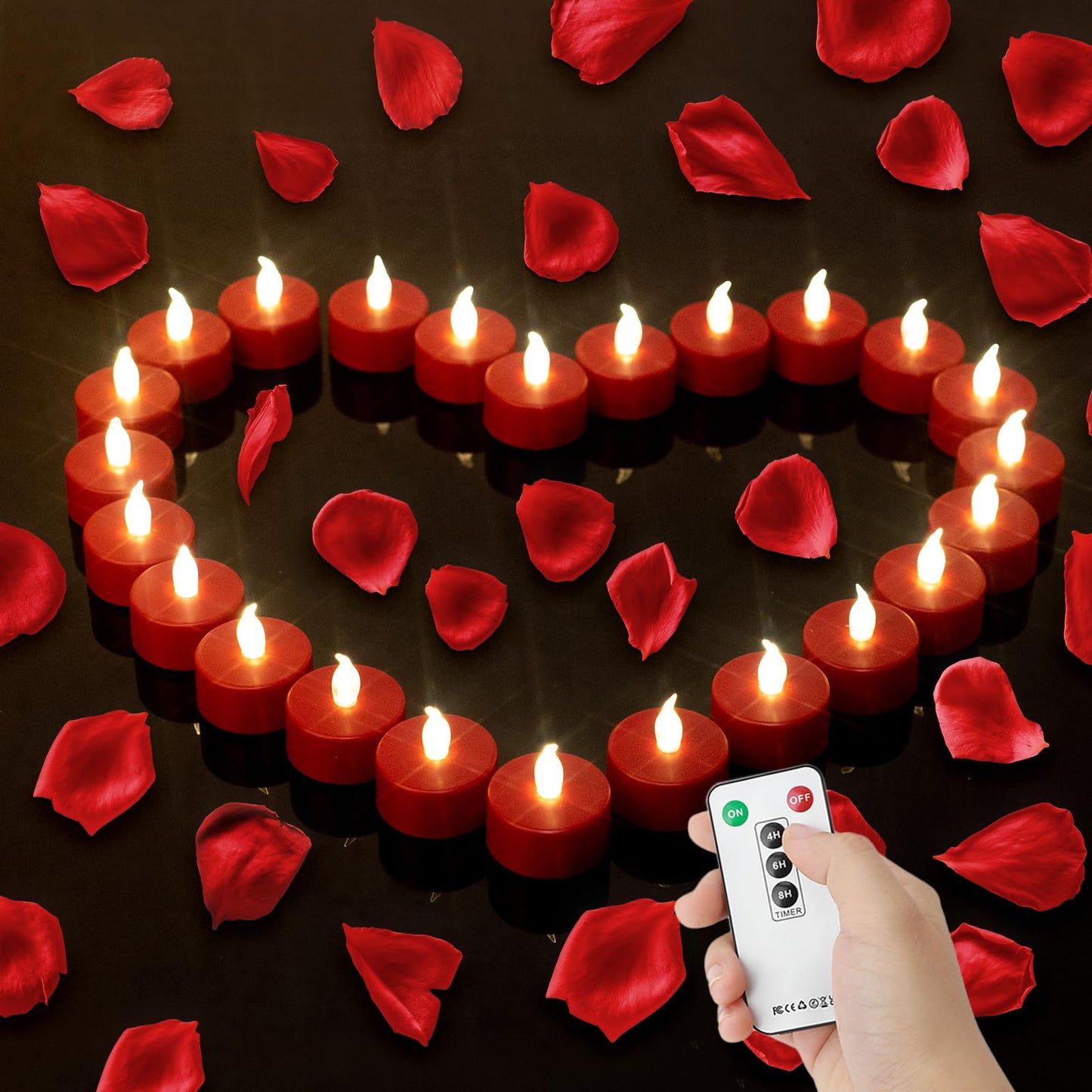 Roomsily LED Tea Lights with Remote Control: Battery Operated Bulk Realistic and Bright Flickering Long Lasting 400+Hours Flameless Candles for Home Decor Holiday Wedding Party (24Pack, Red)
