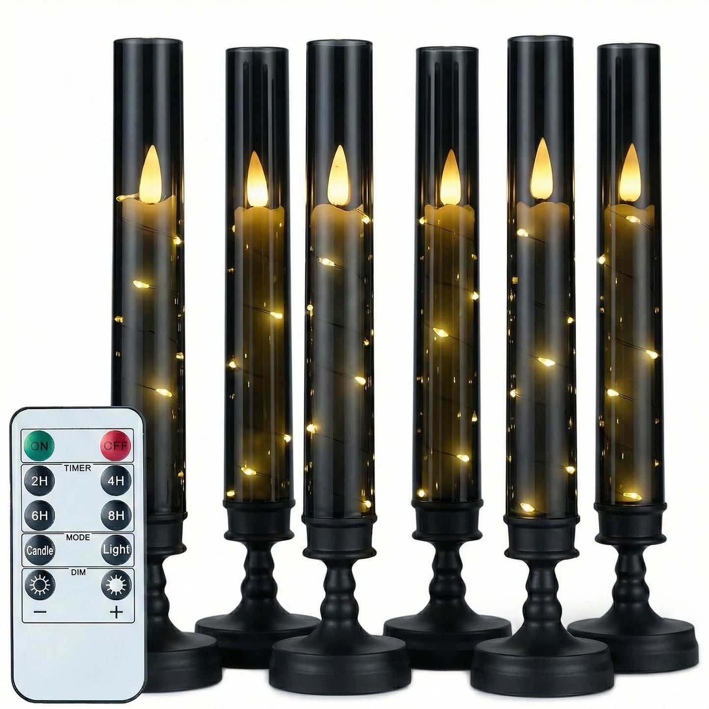 Prerish 6 PCS Flameless Candles with Timer, Flickering Flameless LED Pillar Candles for Romantic Ambiance with Embedded Star String, Acrylic Battery Perated Fake Candles for Home Decoration (Black)