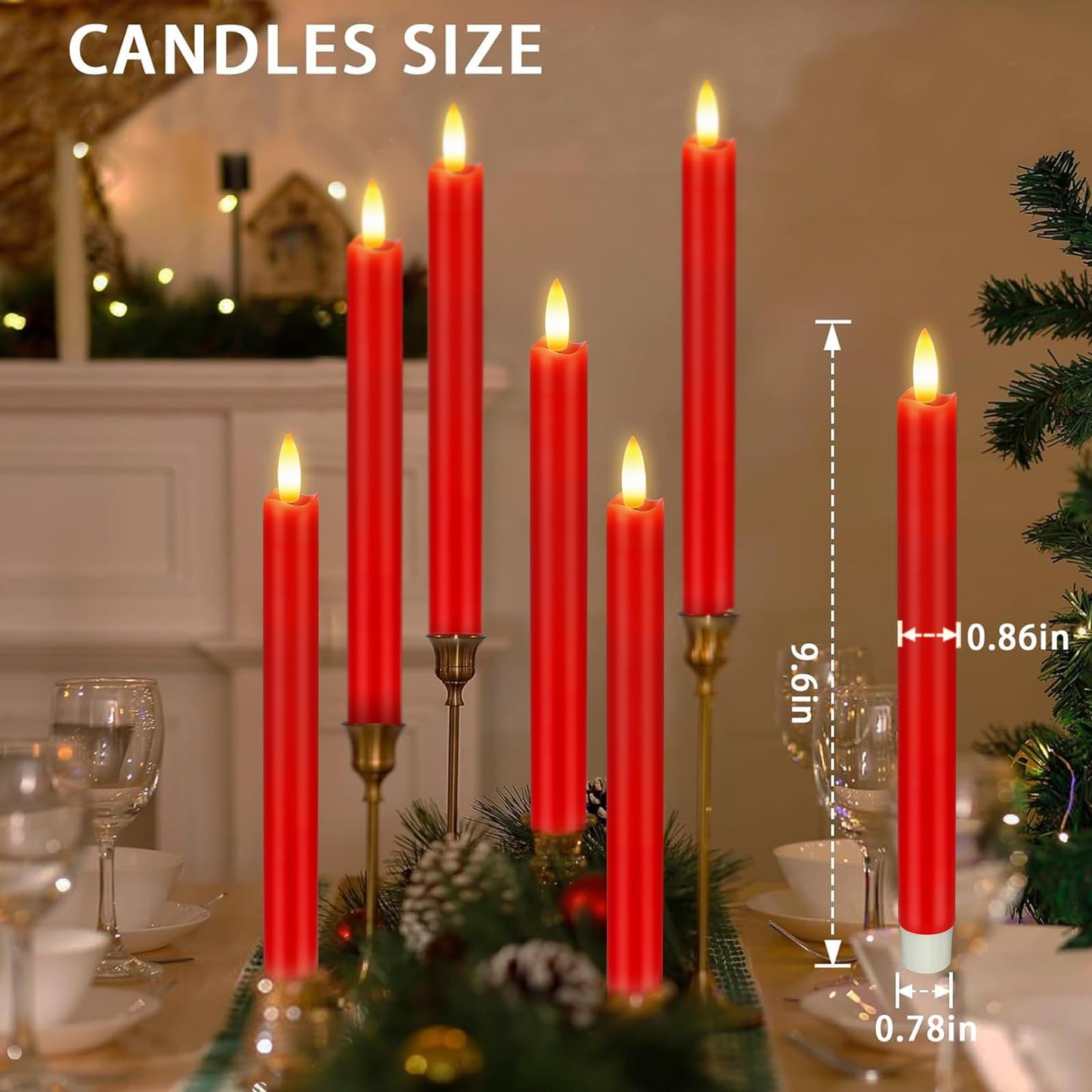 KSWING Upgraded Real Wax LED Flameless Red Taper Candles with Remote, 6 PCS Candlesticks Battery Operated 3D Flickering - 9.6" Long Realistic Fake Candle Sticks for Home/Wedding/Fireplace Xmas Decor