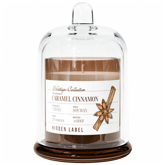 Hidden Label Fall Candles Caramel Cinnamon Scented, 10oz Natural Candles Non Toxic for Home Scented with Clear Bell Jar, Aromatherapy Candle for Spa/Yoga/Meditation & Stress Relief Gifts