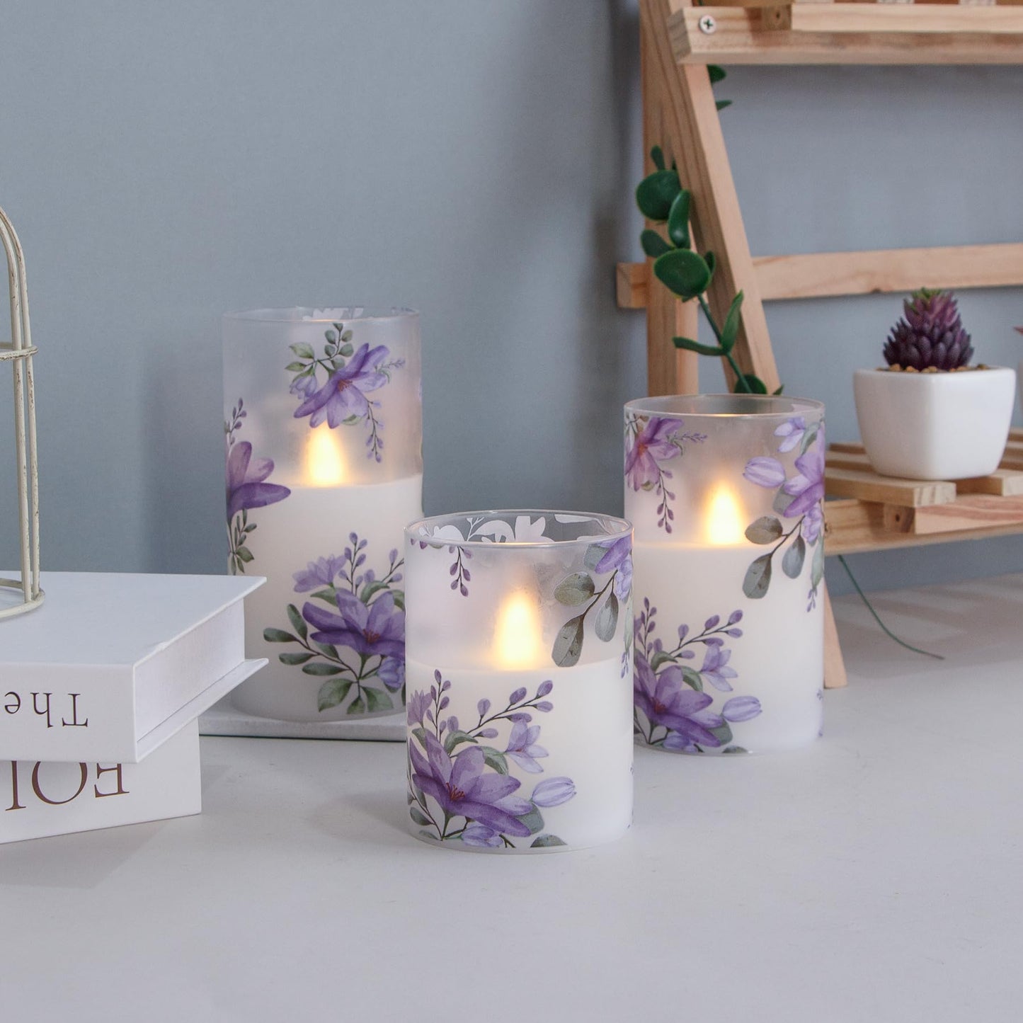 Mavandes Flameless Flickering Glass Candles with Remote and Timer,Purple Flowers LED Battery Operated Real Wax Set of 3 Realistic Wick Electric Pillar Candles,Warm Fire(3 x 4, 5, 6 Inches)