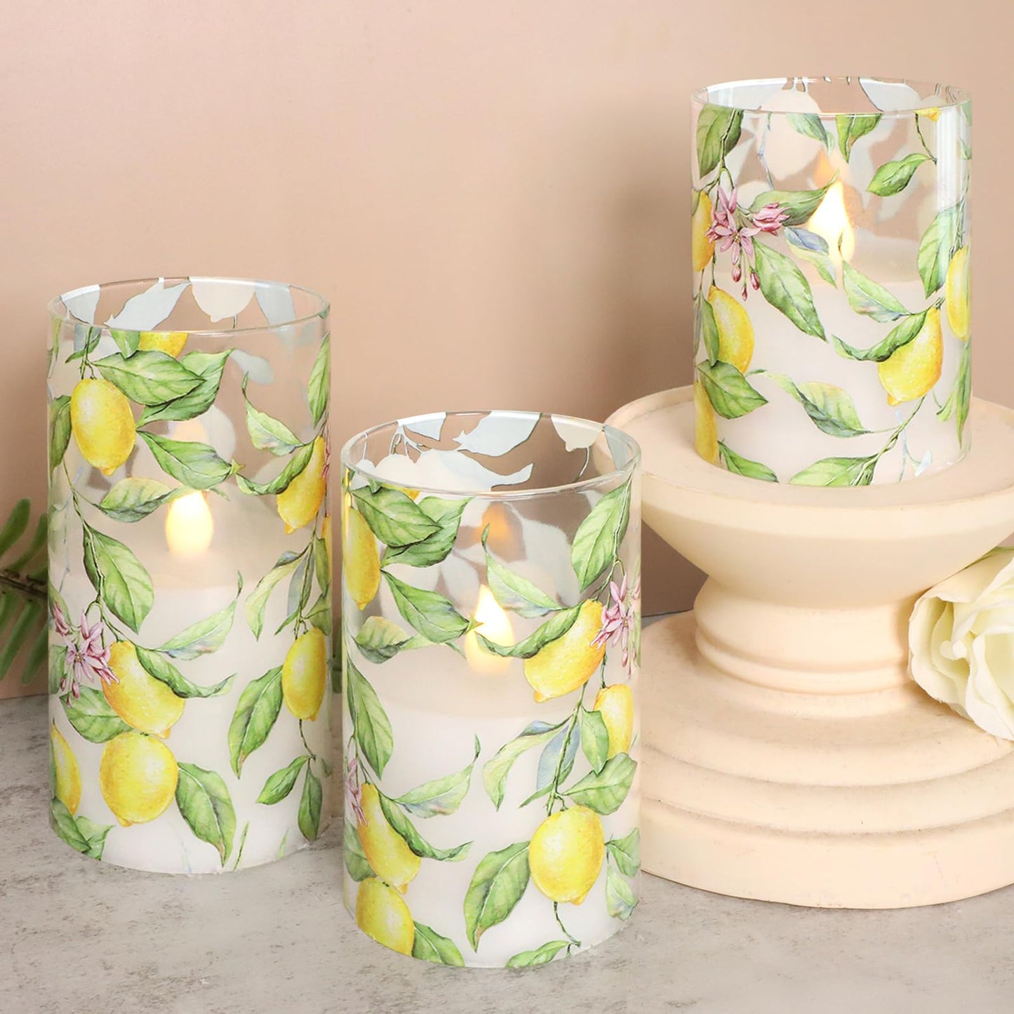 FLAVCHARM Lemon Glass Flameless Candles with Remote Timer Battery Operated LED Flicker Real Wax Pillar Candles Spring Summer Lemonade Party Kitchen Table Dinner Christmas Holiday Decor D3 x H4, 5", 6"