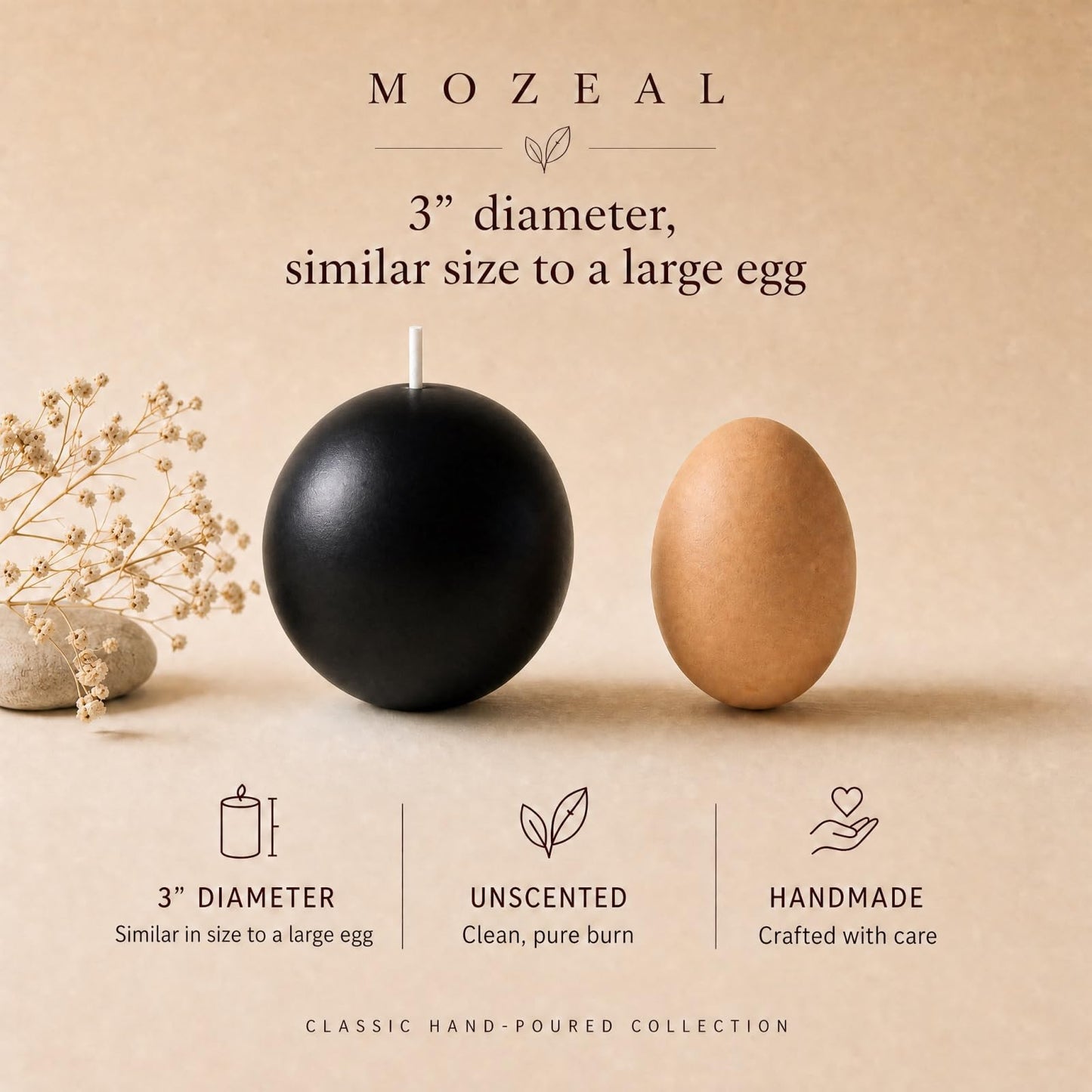 MOZEAL Hand-Poured, 3 Inch Black Round Ball Candles - Elegant Black Round Pillar Candles Set of 3, Dripless, Unscented, Smokeless, Ideal for Halloween Decor.